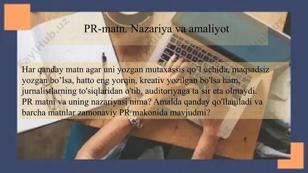 gi pr-ta'siri to'g'ridan-to'g'ri maqsadli auditoriyaga (to'g'ridan-to'g'ri og'zaki yoki yozma murojaat) va vositachi - axborot tashuvchisi (televidenie, radio, matbuot, internet va boshqalar) orqali yo'naltirilishi mumkin. bu birinchi navbatda, pr matnlarining o'ziga xos xususiyatlarini belgilaydi. ulardan ba'zilari axborotni ommaviy axborot vositalari orqali yetkazish uchun mo'ljallangan, ba'zilari - yakuniy maqsadli auditoriya bilan bevosita aloqada bo'lgan ma'ruzachi orqali ma'lumotni og'zaki ravishda yetkazish uchun, ba'zilari esa - yozma matnni jo'natuvchiga to'g'ridan-to'g'ri ma'lumotni yetkazish uchun mo'ljallangan bo`ladi. shunday qilib, biz pr matnlarining uch turini ajratamiz: oav uchun matnlar, ma'ruzachilar uchun matnlar, to'g'ridan-to'g'ri maqsadli auditoriya uchun matnlar. ushbu uch turning har biri matnlarning o'ziga xos tasnifiga ega va ularni yozish uchun ma'lum talablarni qo'yadi. pr matnlari va media matnlar o'rtasidagi farq shundaki, birinchisida maqsadlar butun jamiyat nomidan emas, balki ma'lum bir subyektlar nomidan shakllantiriladi. pr matnlarining reklama matnlaridan farqi shundaki, pr matnlari faqat shaxs, tashkilot, mahsulot yoki xizmatning ijobiy tomonlarini tavsiflashga e’tibor qaratmaydi, sotib olishga chaqirmaydi, tashuvchining …