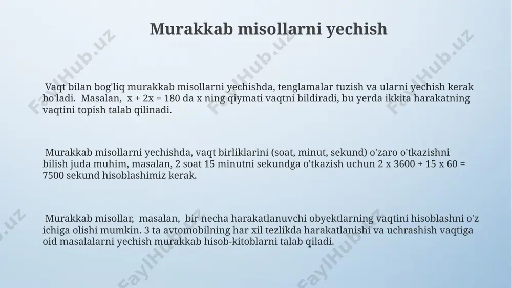 imdir. shuningdek, haftaning 7 kunini va ularning ketma-ketligini o'rgatish zarur. vaqt oralig'ini aniqlashda, masalan, 2 soat 15 minutni sekundlarga o'tkazish yoki aksincha, 60 sekund = 1 minut, 60 minut = 1 soat va 24 soat = 1 kun formulalaridan foydalanishni o'rgatish kerak. taqvimda sanalarni yozish va o'qish ko'nikmalarini rivojlantirishda, ikki xonali yil (masalan, 98) va to'rt xonali yil (masalan, 1998) tushunchalarini ajratib ko'rsatish muhim hisoblanadi. vaqt birliklarini o'zaro ayirboshlash 1 minut 60 sekundga, 1 soat 60 minutga, 1 kun 24 soatga teng. bunday o'zaro ayirboshlash koeffitsientlarini yod olish va qo'llash muhim hisoblanadi, murakkab misollarni yechishda foydalaniladi. 1 hafta 7 kun, 1 oy taxminan 30 kun, 1 yil 365 kun (kabisa yillarida 366 kun). bu qiymatlarni hisobga olish orqali turli vaqt oralig'idagi vazifalarni samarali hal qilish mumkin. vaqt birliklarini ayirboshlashda, masalan, sekundlardan soatlarga o'tish uchun 3600 (6060) koeffitsiyentidan foydalanamiz. teskari o'tish uchun esa bu koeffitsientga bo'linadi. vaqt oralig'ini hisoblash vaqt oralig'ini …