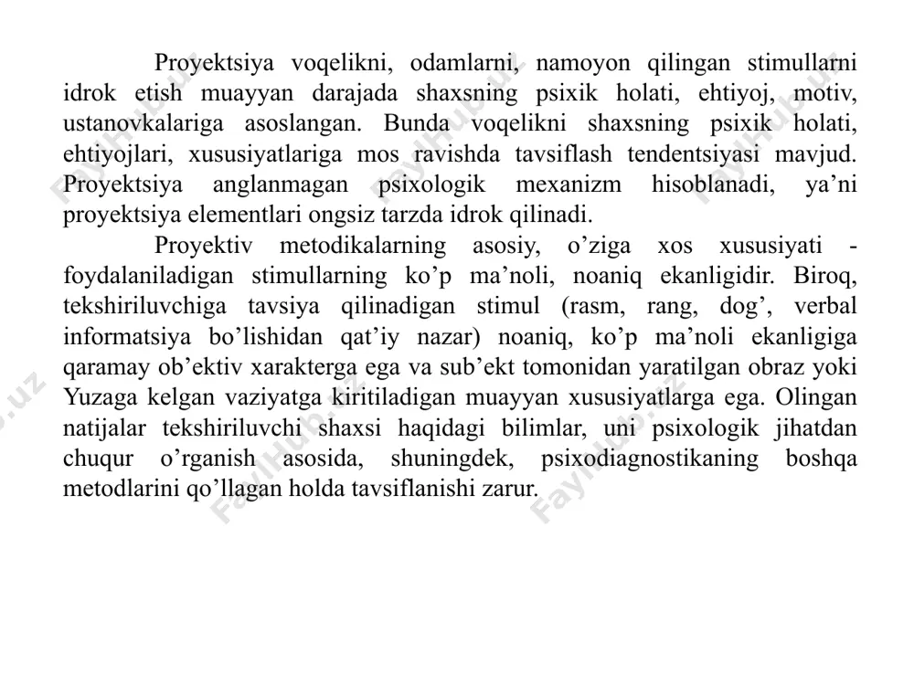 bag`ishlangan davriy nashrlar, to’plamlar va monografiyalar, doimiy ravishda o’tkaziluvchi xalqaro konferentsiyalar misol bo’ladi. 1996 yili proektiv metodikalarga bag`ishlangan 15 xalqaro kongress bo’lib o’tgan. /docprops/thumbnail.jpeg