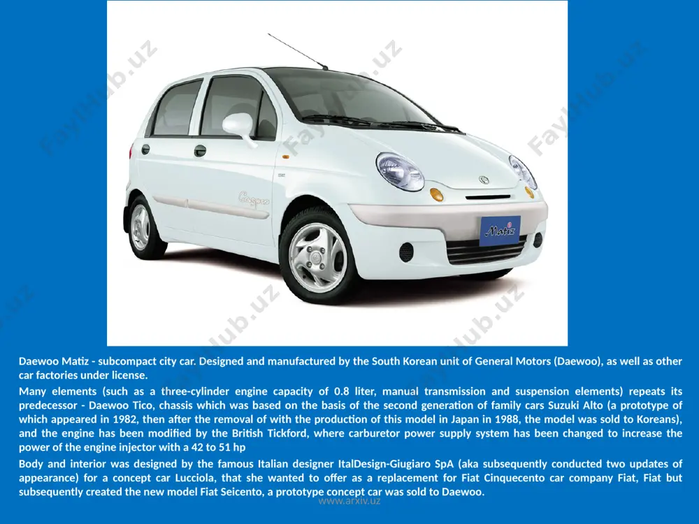 in the terminology of equipment dealers "luxury"). extended equipment includes as improved appearance (decorative wheel hubcaps, nameplates, tinted within gost 5727-88 athermal glass, sun strip on the windshield, painted bumpers) and a number of instruments for comfort (improved soft door trim, tachometer, electric windows, electric central locking all doors). vehicles adapted for installation of air conditioning and power steering, but reduce the cost of the machines are not equipped. cars from 1996 to 2002 were completed engine g15mf, volume 1.5 liter 55 kw (75 hp..) having a gas distribution mechanism with two valves per cylinder and single overhead camshaft (sohc). this engine is the base and almost copies engine opel kadett e. google www.arxiv.uz daewoo damas - mikroven south korean company gm daewoo. available since 1991 and is almost complete copy of suzuki carry. at the moment, produced a second generation of 7/5 seater minibus. in some markets, known as …
