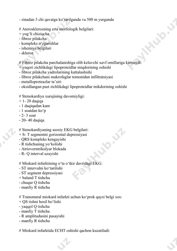 rktida qaychi simptomi: + leykotsitozni kamayishi va birinchi hafta davomida echt ni oshishi - alt pasayishi va ldg-1 ni oshishi - ldg- 1 pasayishi va birinchi hafta davomida alt ni oshishi - echt ni pasayishi va birinchi hafta davomida leykotsitozni oshishi - birinchi haftada kfk oshishi va alt kamayishi # kardiomiopatiyalarda to‘satdan o‘limning eng ko‘p uchraydigan sababini ko‘rsating: + qorinchalar fibrillyatsiyasi - kam ifodalangan yurak yetishmovchiligi - mersal aritmiya - gipovolemik shok - o‘tkir buyrak yetishmovchiligi # dressler sindromini davolashda qo‘llaniladi: + glyukokortikosteroidlar - sedativ preparatlar - antibiotiklar - yurak glikozidlari - antiaritmik preparatlar # 55 yoshgacha bo‘lgan erkaklarda ayollarga nisbatan yuik ning uchrashi: + 3–4 marta ko'p - 2–3 marta kam -bir xil - jinsi ahamiyatga ega emas - 10 marta ko`p # yuik ning profilaktikasi olib borilishi kerak bo‘lgan shaxslar: +hamma sanab o‘tilganlar - yuik tashxisi tasdiqlangan bemorlar - yuik yuqori xavfi bo‘lgan sog‘lom odamlar - yuik bemorlarning …