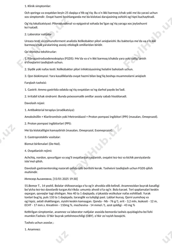 i, tez-tez va kam-kam siyish, siyish paytida achishish. qovoq ostidagi shishlar (buyraklarning filtrlash va suyuqlik chiqarish funksiyasining buzilishi natijasida). pasternatskiy belgisi musbat bo'lishi (buyrak sohasidagi og‘riq). 2. tekshiruv natijalari: teri oqargan: bu anemiya yoki umumiy intoksikatsiyaning belgisi bo‘lishi mumkin. yurak tonlari bug‘iq, puls yuqoriligi (96/min): bu umumiy intoksikatsiya yoki suyuqlik muvozanatining buzilishiga ishora qiladi. siyish paytida achishish va siyikning kam bo‘lishi siydik yo‘llaridagi infeksiyaga xos. 3. pasternatskiy belgisi musbat: buyraklarning yallig‘lanishida bu simptom ijobiy bo‘lishi kuzatiladi. qo‘shimcha tekshiruvlar: 1. siydik umumiy tahlili: leykotsitlar, eritrotsitlar, bakteriyalar mavjudligini baholash 2. siydik ekmasi: infeksion agentni aniqlash va antibiotiklarga sezgirlikni baholash. 3. qon biokimyosi: kreatinin va karbamid darajasi, elektrolitlar. 4. buyrakning utt: jomcha va kosachalar kengayganligini aniqlash. farqlash tashxisi: 1. siydik yo‘llari infeksiyasi (sistit): ammo bunda odatda pasternatskiy belgisi manfiy bo‘ladi. 2. glomerulonefrit: bunda shishlar kuchliroq bo‘ladi va siydikda oqsil ko‘proq aniqlanadi. davolash: 1. antibakterial terapiya: keng spektrli antibiotiklar (siydik ekmasi natijalariga ko‘ra moslashtiriladi). …