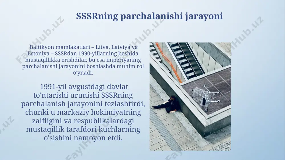 l kabi shaharlardagi janglarning intensifikatsiyasi sssrning obro'sini pasaytirib, g'arb mamlakatlari bilan munosabatlarni yanada keskinlashtirdi va "sovuq urush"ning kuchayishiga sabab bo'ldi. chernobil fojiasi va uning oqibatlari chernobil fojiasi 1986 yilning 26 aprelida sodir bo‘lib, 30 kilometrlik radiusdagi pripyat shahri va atrof-muhitni jiddiy radioaktiv ifloslanishiga olib keldi. fojia natijasida minglab odamlar turli darajadagi radiatsiya kasalliklariga duchor bo‘ldi, o‘lim holatlari 4000 dan oshdi, degan taxminlar mavjud. iqtisodiy islohotlarning samarasizligi 1980-yillarning oxirida amalga oshirilgan iqtisodiy islohotlar, jumladan, perestroyka, kutilgan samarani bermadi va aksincha, inflyatsiya darajasini 100% dan oshirib yubordi, bu esa moskva va boshqa yirik shaharlarda oziq-ovqat tanqisligiga olib keldi. davlat korxonalarining iqtisodiy jihatdan samarali bo‘lmaganligi va texnologik jihatdan eskirganligi, masalan, ural va sibir hududlaridagi og‘ir sanoat korxonalarida, milliy daromadning pasayishiga va byudjet taqchilligining ortishiga olib keldi. millatchi harakatlarning kuchayishi 1980-yillarning oxirida, ayniqsa, qozog‘iston va o‘zbekistondagi milliy harakatlarning kuchayishi, sssrning markaziy hokimiyatining zaiflashuvi va iqtisodiy inqiroz bilan bog‘liq edi. milliy ozodlik harakatlari, masalan, baltikyon …