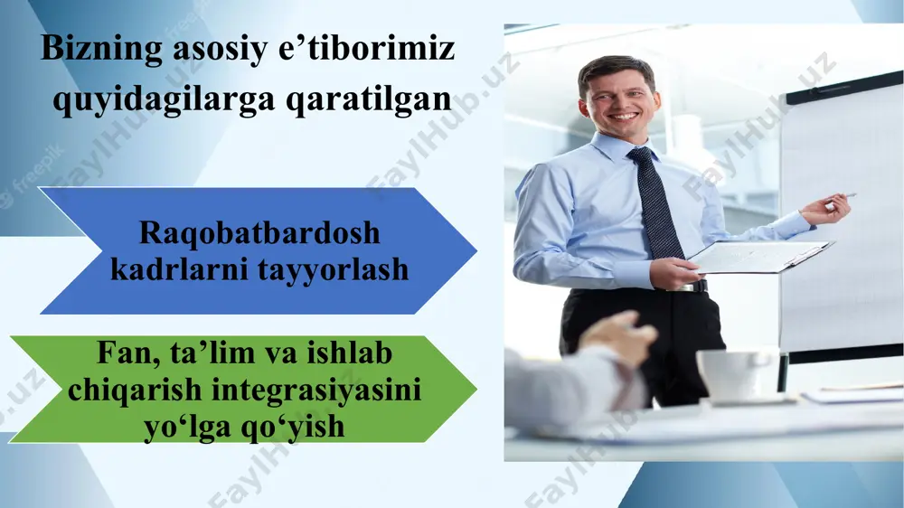 hlar departamenti boshlig‘i akademik ishlar departamenti vazifalari akademik ishlar departamenti ta’lim jarayonini o‘rnatilgan tartibda xalqaro tajriba asosida tasdiqlangan malaka talablari, o‘quv va ishchi o‘quv rejalari, fanlar bo‘yicha o‘quv dasturlariga muvofiq tashkil etadi, ular asosida dars jadvallarini tuzadi va uni barcha fakultetlar, kafedralar tomonidan to‘liq bajarilishini ta’minlaydi. mulaydinov farxod murotovich xalqaro hamkorlik departamenti boshlig‘i xalqaro hamkorlik departamenti vazifalari qo‘qon universitetining xalqaro aloqalarini yo’lga qo’yish, yangi hamkorlarni izlash, universitetning strategiyasi va maqsadlariga asoslanib, xalqaro maydonda ish olib boradi. mamadaliyev ulug‘bek toxirjonovich ilmiy tadqiqot departamenti boshlig‘i ilmiy tadqiqot departamenti vazifalari o‘zbekiston respublikasi prezidentining 2017 yil 16 fevraldagi “oliy o‘quv yurtidan keyingi ta’lim tizimini yanada takomillashtirish to’grisida”gi pf-4958-son farmoni hamda o’zbekistan respublikasi vazirlar mahkamasining 2017 yil 22 maydagi “oliy o’quv yurtidan keyingi ta’lim tizimini yanada takomillashtirish chora-tadbirlari to’g’risida”gi 304-sonli qarori ijrosini ta’minlash maqsadida unstitutda oliy o’quv yurtidan keyingi ta’lim to’g’risidagi hujjatlarga muvofiq falsafa (doctor of philosohy, phd), fan doktori (doctor of science, dsc) ilmiy …