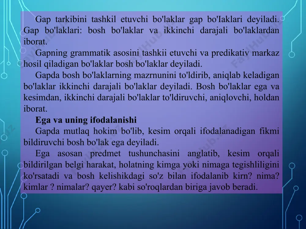 ng jonajon o'qituvchisi - o'sha(p.t.) ravish bilan: bizda a'lochilar ko'p. kerilma qiz, hunaring oz. g'alaba yaqin. harakat nomi bilan: sevmoq - sevilmoq. modal so'z bilan: o'limdan xabarim bor, lekin bunday ovozalardan xabarim yo'q (a. q). kesim tuzilishiga ko'ra ikki xil bo'ladi: sodda kesim va murakkab kesim. sodda kesim ikki xil: sodda ot kesim, murakkab kesim. sodda kesim ikki xil: sodda ot kesim va sodda fe'l kesim. sodda ot kesim yakka ot, sifat, son. olmosh, ravish, harakat nomi, undov taqlidiy so'z bilan ifodalanadi: masalan: o'zbekistonning poytaxti - toshkent. fe'l va uning vazifadosh shakllari bilan ifodalangan kesim sodda fe'l kesim deyiladi. masalan: maktabda o'tkazilgan shaxmat musobaqasida odil yutdi. shamol qumni uchirdi. murakkab kesim ham ikki xil: murakkab fe'l kesim va murakkab ot kesim ikki va undan ortiq fe'llar bilan ifodalangan kesim murakkab fe'l kesim deyiladi. masalan: uchovlari molxonalarni ko'rib chiqishdi. (p. q.) ahmad kitobini o'qib tugatdi. ot yoki bog'lama hamda to'liqsiz fe'l …