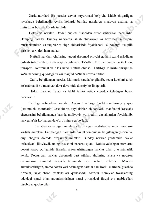arxlaridir. tartibga solinadigan narxlar. ayrim tovarlarga davlat narxlarning yuqori (iste’molchi manfaatini ko‘zlab) va quyi (ishlab chiqaruvchi manfaatini ko‘zlab) chegarasini belgilanganda hamda moliyaviy va kreditli dastaklardan foydalanib, narxga ta’sir ko‘rsatganda o‘z o‘rniga ega bo‘ladi. tartibga solinadigan narxlarga limitlangan va dotatsiyalangan narxlarni kiritish mumkin. limitlangan narxlarda davlat tomonidan belgilangan yuqori va quyi chegara doirada o‘zgarishi mumkin. bunday narxlar yordamida davlat inflatsiyani jilovlaydi, uning o‘sishini nazorat qiladi. dotatsiyalashgan narxlarni bozori kasod bo‘lganida firmalar arzonlashtiradigan narxlar bilan o‘xshatmaslik kerak. dotatsiyali narxlar daromadi past oilalar, aholining ishsiz va nogiron qatlamlarini minimal darajada ta’minlab turish uchun ishlatiladi. maxsus arzonlashtirilgan, ammo dotatsiyasi bo‘lmagan narxlar ham borki, ularni belgilashda firmalar, xayri-ehson tashkilotlari qatnashadi. mazkur homiylar tovarlarning odatdagi narxi bilan arzonlashtirilgan narxi o‘rtasidagi farqni o‘z mablag‘lari hisobidan qoplaydilar. shartnoma narxlari. ishlab chiqaruvchi va iste’molchi tomonidan shartnomada qayd qilingan narxlardir. amal qilish doirasi (bozor ko‘lami)ga ko‘ra hududiy, milliy va jahon narxlari ajratiladi. hududiy (mintaqaviy) narxlar muayyan hududiy bozorlarda uning doirasida …