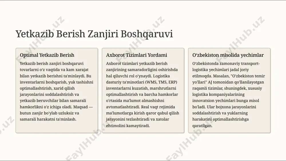 illariga ega. bu avtomobillar eng so'nggi texnologiyalar bilan jihozlangan bo'lib, ular yuklarning xavfsiz va tez yetkazilishini ta'minlaydi. kompaniya turli xil yuklarga, jumladan, harorat nazoratini talab qiladigan yuklarga ham xizmat ko'rsatadi. imkoniyatlar va yutuqlar multimodal yechimlar: avtomobil, temiryo'l, dengiz va havo transporti kombinatsiyasi. 24/7 monitoring: yuklarni real vaqt rejimida kuzatish va nazorat qilish. maxsus yuklar uchun yondashuv: xavfli, tez buziladigan va katta gabaritli yuklarga individual xizmat ko'rsatish. tajribali jamoa: yuqori malakali mutaxassislar logistika jarayonlarini boshqaradi. logistika sohasida kelajak yo8nalishlari logistika sohasi doimiy ravishda rivojlanib, yangi texnologiyalar va kontseptsiyalarni o8zlashtirmoqda. barqaror rivojlanish va yashil logistika atrof-muhitni muhofaza qilish tobora muhim ahamiyat kasb etmoqda. yashil logistika transportning uglerod izini kamaytirish, energiya samaradorligini oshirish va qayta ishlanadigan materiallardan foydalanishga qaratilgan. elektromobillardan foydalanish va marshrutlarni optimallashtirish bunga misol bo'ladi. sun9iy intellekt va iot sun'iy intellekt (si) va internet of things (iot) texnologiyalari logistika jarayonlarini inqilob qilmoqda. si yordamida talabni aniqroq prognozlash, marshrutlarni optimallashtirish va xatolarni …