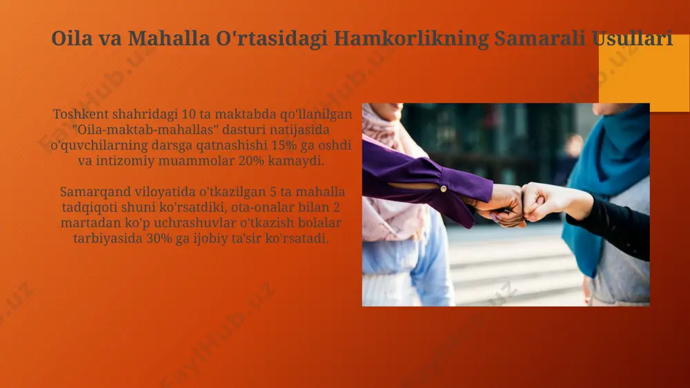 o‘tkazilgan 500 oilaviy tadqiqot shuni ko‘rsatdiki, maktab, mahalla va oila o‘rtasidagi samarali hamkorlik bolalar orasida zo‘ravonlik holatlarini 30% ga kamaytiradi. samarali hamkorlikni ta'minlash mexanizmlari toshkent shahridagi 15 ta maktabda qoʻllanilgan "mentorlik" dasturi, oʻqituvchilar va mahalla faollarining 2:1 nisbatdagi ishtiroki bilan oʻquvchilarning intizomini 15% ga yaxshilashga erishdi. samarqand viloyatida 5 yildan ortiq tajribaga ega boʻlgan "oila-mahalla-maktab" hamkorlik markazlari oʻquvchilarning 30% ga yaqinining ta'limdagi muvaffaqiyatini oshirgan. oila, mahalla va maktab o'rtasidagi axborot almashinuvi samarqand viloyatida 2022-yilda o'tkazilgan tadqiqotlar shuni ko'rsatdiki, oila, mahalla va maktab o'rtasidagi muntazam axborot almashinuvi o'quvchilarning xulq-atvor muammolarini 35% ga kamaytiradi. toshkent shahridagi 15-maktab o'quvchilari haqida ma'lumotlarning 70%i oila va mahalla vakillari bilan o'zaro hamkorlik orqali to'planadi, bu esa ta'lim samaradorligini oshiradi. mahalla va ta'lim muassasalari o'rtasidagi hamkorlik mexanizmlari toshkent shahridagi 10 ta mahalla hududida 2023-yilda "barkamol avlod" dasturi asosida o'quvchilarning ijtimoiy moslashuvi va bilim darajasini oshirishga qaratilgan qo'shma loyihalar amalga oshirildi, unda 1000 dan ortiq oila ishtirok etdi. …