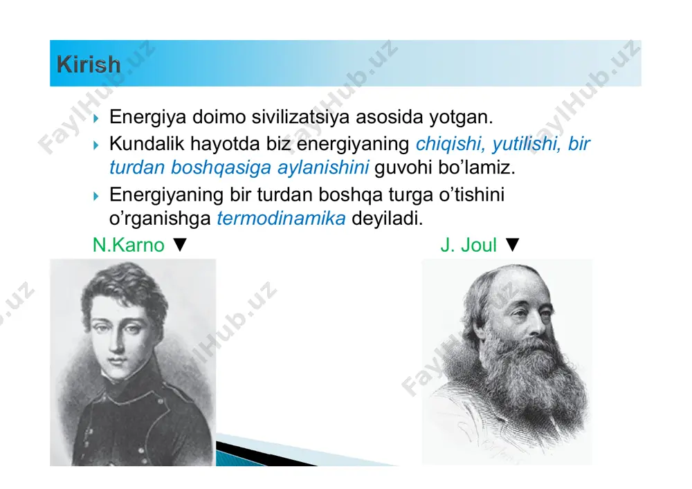 emas.  ya’ni 1-qonunga ko’ra sistema tashqi muhit bilan energiyani issiqlik va ish ko’rinishida akmashadi:  ichki energiya o’zgarishini hisoblash uchun sistema haroratidagi o’zgarish va sistema kengayish ishini qo’shish kerak.  kimyoviy reaksiya davomida ichki energiya o’zgarishini hajm o’zgarmagan sharoitda hisoblash mumkin: ∆ va ∆ bo’lganligidan ∆  reaksiya issiqlik o’zgarishi kalorimetrda o’lchanadi.  o’zgarmas hajmda sistema harorati o’zgarishi ichki energiya o’zgarishiga mos keladi va buni o’lchash uchun “bomba” kalorimetrdan foydalaniladi.  harorat o’zgarishi kalorimetrdagi issiqlik miqdori o’zgarishiga proporsional: ∆  kalorimetr germetik bo’lganligidan issiqlik miqdori o’zgarishi ichki energiya o’zgarishiga mos keladi: ∆  masala:  massasi 1.010 g saxaroza (c12h22o11) “bomba” kalorimetrda yonganda harorat 24.92°c dan 28.33°c gacha ortdi. saxaroza yonishi rekasiyasi uchun ichki energiya o’zgarishini (δer--ya)hisoblang (kj/mol). “bomba” kalorimetrning solishtirma issiqlik sig’imi 4.90 kj/°c ga teng.  yechish:  laboratoriyada ko’pchilik reaksiyalar o’zgarmas bosimda, ya’ni ochiq idishda olib boriladi.  bu holda energiya o’zgarishi ham issilqik, ham ish …
