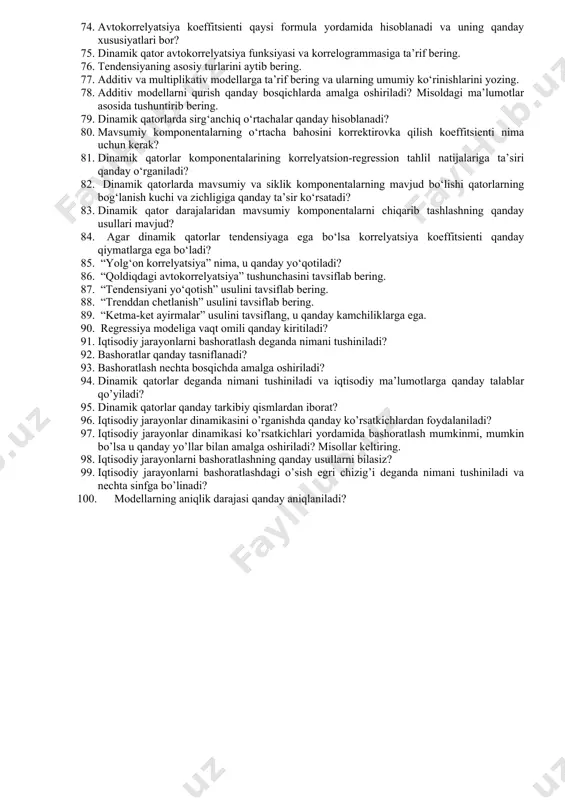 masshtabga o‘tish yo‘li bilan yechish usulini aytib bering. 60. standartlashgan regressiya koeffitsientining ma’nosi nimadan iborat? 61. nima uchun iqtisodiyotda tenglamalar sistemasini qo‘llash zaruriyati vujudga keladi? 62. qanday tenglamalar “standart tenglamalar” deb ataladi? 63. miliy iqtisodiyot modeli qanday funksiyalardan tashkil topgan tenglamalarni o‘z ichiga oladi? 64. bog‘liq bo‘lmagan tenglamalar sistemasini yozing. 65. rekursiv tenglamalar sistemasi ko‘rinishidagi modelni qanday tuzish mumkin? 66. o‘zaro bog‘liq bo‘lgan tenglamalar sistemasini yozib ko‘ringchi va u qanday nomlanadi? 67. endogen va ekzogen o‘zgaruvchilar qanday xususiyatlarga ega? 68. modelning standart shakli qanday xususiyatlarga ega? 69. modelning keltirilgan shakli qanday holatlarda yuzaga keladi? 70. modelning standart va keltirilgan shakldagi modellar parametrlari qanday aniqlaniladi? 71. qanday qilib modelning standart shakli keltirilgan shaklda ifodalanishi mumkin? 72. ekonometrik modellar qanday turdagi ma’lumotlar asosida quriladi? 73. dinamik qatorlar avtokorrelyatsiyasi nimani anglatadi? 74. avtokorrelyatsiya koeffitsienti qaysi formula yordamida hisoblanadi va uning qanday xususiyatlari bor? 75. dinamik qator avtokorrelyatsiya funksiyasi va korrelogrammasiga ta’rif bering. 76. …