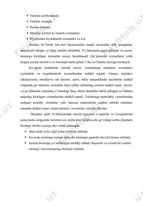dartlar mavjud emas. shuning uchun turoperator va turagentlar turni siljitish va sotishda shartli ravishda tur bo’yicha xizmatlarni lyuks, birinchi klass, turistik klass, ekonom (iqtisod) klass qilib belgilanadi. “lyuks klass”. ushbu klass bo’yicha turlarni tashkil qilishda odatda eng yuqori darajali xizmatlar jalb qilinadi: 5 yulduzli hashamatli mehmonxonalar, birinchi klass va biznes aviatsiya samalyotlarida uchish, hashamatli restoranlarda ovqatlanish, alohida transport lyuks klass mashinalarida, alohida gid xizmatlari va h.k. bunday turlar vip-xizmat ko’rsatish turkumi (razryadi) bo’yicha taqdim etiladi. birinchi klass (daraja) – bu ham nisbatan yuqori darajali xizmat ko’rsatish bo’lib, 4-5 yulduzli mehmonxonalarda joylashtirish, biznes klass darajadagi samalyotlarda uchishning obro’li restoranlarda ovqatlanishni, individual transfertni, gid xizmatlarini nazarda to’tadi. turistik klass 2-3 yulduzli mehmonxonalarda joylashtirishni, doimo aviareyslarning iqtisod klasslarida uchishni, shved stol tipi bo’yicha ovqatlanishni, guruhli transfertni nazarda to’tuvchi eng ommalashgan xizmat ko’rsatish turidir. iqtisod klassi. eng arzon xizmat ko’rsatish turidir. odatda iqtisod klassidan talabalar va kam ta’minlanganlar foydalanadi. ushbu klass dasturlari yuqori darajada …