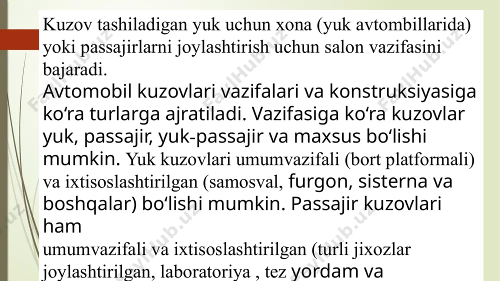 dig‘i bor, ba’zida o‘rta qator o‘rindiqlari qaytariladigan passajir kuzovi (zil-114, zil-117, zil-4104) v) kupe - ikki yoki uch xajmli, usti yopiq 2 ta yonbosh eshikli, orqa o‘rindiqlarining o‘lchamlari passajir kuzovi. (zaz-968 "zaporojes" ). g) universal - ikki xajmli, orqa eshikli, passajir salonidan maxsus to‘siq bilan ajratilmagan yukxonasi bor, orqa o‘rindiqlar taxlanadigan passajir kuzovi (gaz-24-02 "volga", vaz-2102 "jiguli") е) kabriolet - yumshoq taxlanuvchi tentli, yonbosh oynasi tushiriladigan passajir kuzovi. j) faeton - usti yumshoq taxlanadigan tentli, yonbosh oynalari olinuvchi passajir kuzovi. (uaz-469, luaz-969) z) xardtop-sedan - yonbosh oynalari tushirilganda yonbosh o‘rta ustunchasi yo‘q yengil avtomobilning sedan kuzovi. i) xardtop-kupe-yonbosh oynalari tushirilganda yonbosh o‘rta ustunchasi yo‘q, yengil avtomobilning kupe kuzovi. j) lando - orqa qator o‘rindiqlar tomini ma’lum qismi ochilib yopiluvchi kombinasiyalashgan passajir kuzovi. l) faeton-universal - usti yumshoq taxlanadigan yoki olinadigan tentli va yonbosh oynasi eshik ustamasi bilan olinadigan yuk passajir kuzovi. м) kabriolet-xardtop - ustki bikr tomi olinib qo‘yiladigan passajir …