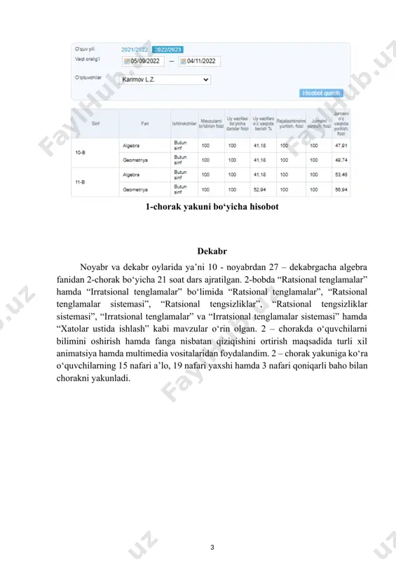 i bo‘lib qatnashdim. shuningdek 3-chorak davomida algebra fanidan dars rejaga ko‘rra 30 soat darsni tashkil qildi. ammo biroz oldin aytib o‘tilganidek anomal sovuq to‘fayli darslarni tig‘izlashtirishga to‘g‘ri keldi. shuningdek bunga 3-chorak davomida bayramlar soni ko‘pligi sababli ham menga ancha qiyinchilik to‘g‘dirdi. sababi bir darsda ikkita mavzuni o‘tish va uni o‘quvchilarni tushuna oladigan darajada tushuntirush anchayin mashaqatli jarayon ekan. ammo, men qo‘ldan kelgancha barcha mavzularni o‘quvchilarga tushuntirishga harakat qildim. shuningdek, bu chorak davomida darsga kech qolgan va intizomiy qoidalarni bo‘zgan o‘quvchilarga chorra ko‘rdim. darsga kech qolgan o‘quvchilar bu chorakda nizmatan darslar ob-havo sovuqligi to‘fayli dars vaqti 45 daqiqadan 40 daqiq ayrim kunlari 35 daqiqagacha qisqartirilgan bo‘lsada oldingi choraklarga nisbattan o‘quvchilar chorak yakunida ancha yaxshi natija ko‘rsatdi. jumladan, isaqova, shukurova, xusanov va xamraqulova kabi o‘quvchilar bu chorakda qoniqarli bahodan shartli ravishda a’lo baho olishga erishishdilar. dars jarayonidan lavhalar dars jarayonidan lavhalar dars jarayonidan lavhalar 3-chorak yakuni bo‘yicha hisobot aprel-may mart-aprel-may oylarida 2022-2023 …
