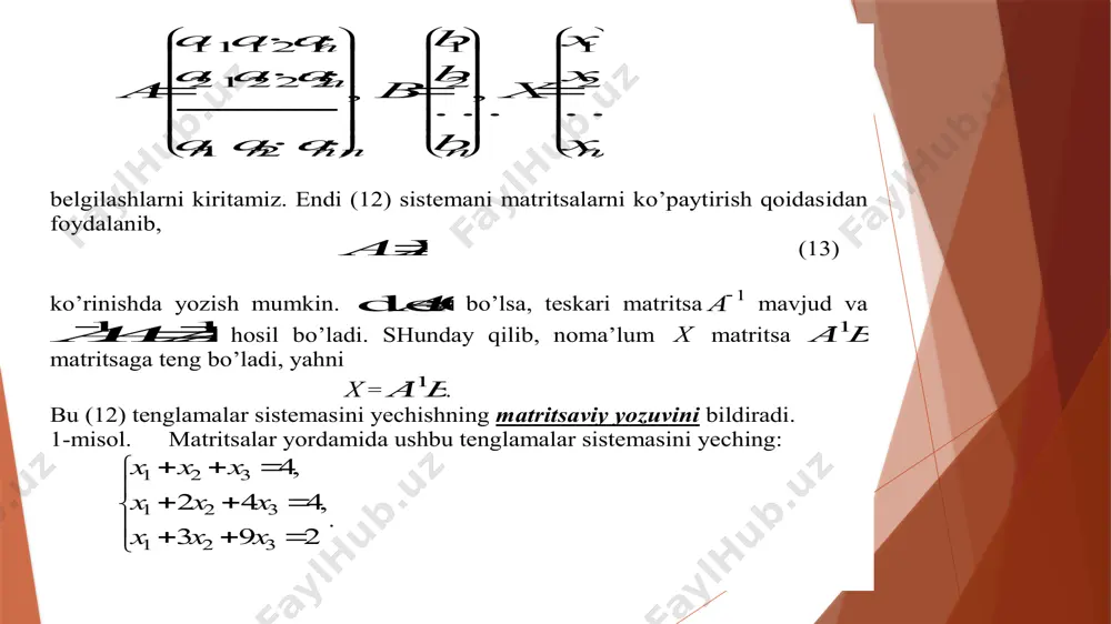 chiziqli algebraik tenglamalar sistemasining matritsaviy shakli (matritsaning tatbig’i) - Page 5