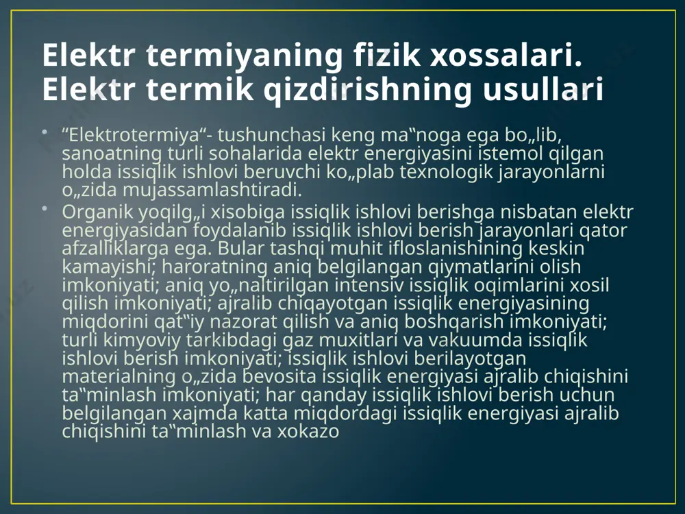 uli bo„lib, bunda molekulalar - kinetik nazariyaga ko„ra jismlar zarrachalarining (molekula, atom, elektron) issiqlik tasiridagi harakati va o„zaro ta‟sir-lashuvi oqibatida jismning nisbatan yuqori haroratga ega qismidan kamroq qizigan qismiga qarab uzatish ko„rinishda namoyon bo`ladi. fure gipotezasiga ko„ra uzatilayotgan issiqlik energiyasi miqdori quyidagi ifoda orqali aniqlanadi - jism yoki moddaning issiqlik o„tkazish xususiyatiga bog„liq bo„lgan issiqlik o„tkazuvchanlik koeffitsienti; ∂/ ∂n - issiqlik energiyasi yo„nalishi bo„yicha harorat gradienti; - elementar vaqt; df 67n- issiqlik oqimiga perpendikulyar bo„lgan elementar yuza. aktiv qarshiliklardan tok o’tganda qizishi asosida hosil bo’ladigan elektr qizdirish usuli ma‟lumki, elektr maydon ta‟sirida musbat va manfiy elektr zaryadlarining yo„nalgan (tartibli) harakatini elektr toki deb ataymiz. bunda faqat elektronlar yoki faqat ionlar harakati kuzatilishi mumkin. shunga ko„ra faqat elektron o„tkazuvchanlikka ega bo„lgan moddalar birinchi tartibdagi o‘tkazgichlar deb ataladi (metallar), faqat ion o„tkazuvchanlikga ega bo„lgan moddalar esa ikkinchi tartibli o‘tkazgichlar deb ataladi (elektrolitlar - qorishma, eritma). plazmalar esa aralash o„tkazuvchanlikga ega elektronlar nazariyasiga …