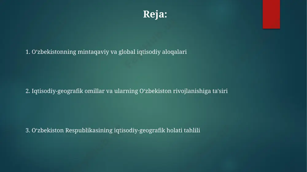 rol oʻynaydi. surxondaryo viloyatining fosforit konlari oʻgʻit sanoatini rivojlantirish uchun zarur xom ashyo bazasini tashkil etib, yillik 5 mln. tonnadan ortiq ishlab chiqarish quvvatiga ega. tashqi savdo va iqtisodiy aloqalar oʻzbekistonning jahon savdosi hajmi 2022 yilda 20 milliard aqsh dollaridan oshdi, asosan xitoy, rossiya va qozogʻiston kabi qoʻshni davlatlar bilan savdo aloqalari kuchaydi. markaziy osiyoda transport va logistika boʻyicha muhim rol oʻynab, oʻzbekiston 2023 yilda “xalqaro transport yoʻlaklarini” rivojlantirishga 5 milliard dollar sarmoya kiritdi. oʻzbekistonning xorijiy investitsiyalarni jalb qilishda muvaffaqiyatlari 2022 yilda 30% ga oshdi, bu esa asosan energetika va qishloq xoʻjaligi sohalariga qaratildi. turistlik salohiyati va rivojlanishi chortoq va fargʻona vodiysidagi tabiiy goʻzalliklar, shuningdek, togʻ-changʻi kurortlari kabi 30 dan ortiq yangi turizm obyektlarini rivojlantirish sayyohlik sohasiga 5 milliard dollardan ortiq investitsiyalarni jalb qilishi mumkin. markaziy osiyodagi boy tarixiy merosini hisobga olgan holda, oʻzbekiston 2022 yilda 9 million atrofida sayyoh qabul qilgan boʻlib, bu raqam kelgusi yillarda 20 milliongacha oshishi …