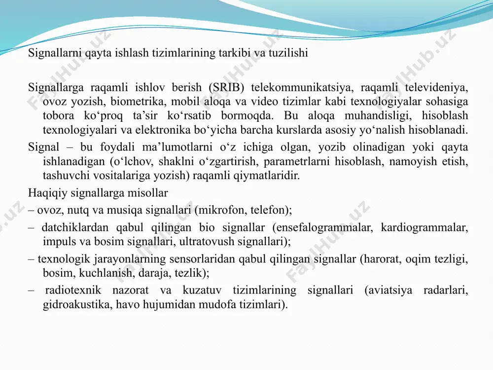 artirgich; dsp - signal protsessori (digital signal processing); rao‘- raqamli-analog o‘zgartirgich; iq - ijro qiluvchi qurilma. alohida qurilmalarning vazifalarini ko‘rib chiqamiz. analog filtr – bu analog signal pulslarini tekislovchi va signalda foydali ma’lumotli chastotalarni ajratuvchi reaktiv elementlardan (l - induktivlik, c-sig‘im, r-rezistor) iborat elektr sxema. aro‘, rao‘ – bu signallarni diskretlash va kvantlash qurilmalari bo‘lib, ular signallarni analogdan raqamliga va aksincha raqamlidan analog ko‘rinishga o‘zgartiruvchidir. dsp (digital signal processing) – bu raqamli signallarni qayta ishlash algoritmlari asosida raqamli ishlov beruvchi signal protsessori. signal xususiyatlari. signallar bir o‘lchamli, ikki o‘lchamli yoki uch o‘lchamli bo‘lishi mumkin. matematik jihatdan bunday signallar mos ravishda bir, ikki va uch o‘zgaruvchili funksiyalar bilan tasvirlanadi. tabiatda juda ko‘p signallar davriy bo‘lib, ularning qiymatlari davrga teng oraliqlarda takrorlanadi. signal energiyasi – bu shovqinli muhitda raqamli signallarning foydali qismlarini ajratib olish uchun muhim xususiyatidir. signalning foydali komponent qismlari tasodifiy shovqinli qismiga nisbatan ko‘proq energiyaga ega bo‘ladi. raqamli signal energiyasi …