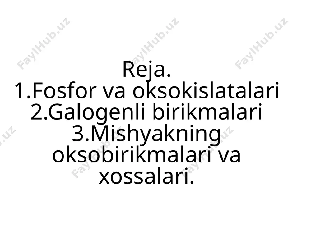 sintetik yuvuvchi vositalar tayyorlash uchun sarflanadi. fosfor (u)oksid r4o|0 qurituvchi vosita sifatida, metilmetakrilat smolalar olishda kullanadi. fosfor sulfidlari flotatsion vositalar, antikorrozion qo'shimchalar, fosfororganik birikmalar sintezida ishlatiladi. fosfor galogenidlar fosfor galogenidlar - fosforning galogenlar bilan bo'lgan birikmalari. fosfor trigalogenidlar rx3 (bu yerda x galogen): pf3, pc13, rvg3; pentagalogenidlar rx5, pf5, rsq, rvg5 muhim ahamiyatga ega. fosfor monogalogenidlar rx (mas, rs1, rvg); digalogenidlar r2x4 (mas, p2ci4, p2f4); aralash f.g. (mas, rg's12, rg',s12); poligalogenidlar (mas, rvg7, ro61) va oksigalogenidlar (mas, ros1,, rog'3) kam o'rganilgan. f.g. reaksiyaga shiddatli kirishadi, ularning kimyoviy faolligi ftoridlardan yodidlarga qarab pasayib boradi, suv bilan oson gidrolizlanadi. fosfor (sh)xlorid rs1,, rangeiz suyuklik, suyuqlanish temperaturasi — 93,6°, qaynash temperaturasi 76,1°, zichligi 1,575 g/sm3, organik erituvchilarda eriydi. oson gidrolizlanib fosfit kislota va xlorid kislota hosil qiladi. oq fosforni xlorlab olinadi. fosfororganik birikmalar sintezida ishlatiladi. fosfor (u)xlorid rs15, och yashil kristall modda, suyuqlanish temperaturasi 167°, zichligi 2,11 g/sm3, oson sublimatsiyalanadi, organik erituvchilarda eriydi, …