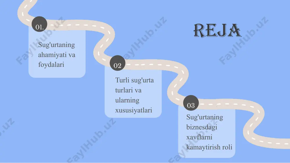 niyatlar yaratadi. 1 2 3 4 xavflarni kamaytirish sug'urtaning roli sug'urta, biznesda yuzaga kelishi mumkin bo'lgan xavflarni kamaytirishga yordam beradi. u tabiiy ofatlar va boshqa kutilmagan hodisalar natijasida yuzaga keladigan moliyaviy yo'qotishlardan himoya qiladi. moliyaviy himoya sug'urtaning asosiy maqsadi, biznesni moliyaviy jihatdan himoya qilishdir. bu, kutilmagan vaziyatlarda biznesning davomiyligini ta'minlashga yordam beradi. risklarni boshqarish sug'urta, risklarni boshqarish strategiyalaridan biridir. bu, biznesning muvaffaqiyati uchun zarur bo'lgan resurslarni saqlab qolishga yordam beradi. kutilmagan hodisalar kutilmagan hodisalar, masalan, yong'in yoki suv toshqini, biznesga katta zarar yetkazishi mumkin. sug'urta bu zararlarni kamaytirishga yordam beradi. 02. 04. 01. 03. biznes uchun mavjud bo'lgan sug'urta turlari: umumiy sug'urta: bu sug'urta turi biznesning mol-mulki, jihozlari va boshqa aktivlarini har qanday xavflardan himoya qiladi. u ijtimoiy va iqtisodiy sharoitlarga mos ravishda biznesni himoya qilish imkonini beradi. muddatli sug'urta: bu sug'urta turi ma'lum bir muddat davomida, masalan, bir yil yoki undan ko'p vaqt davomida amal qiladi. u, asosan, kreditlar …