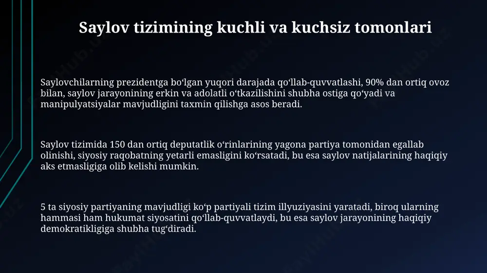ylov uchastkalari faoliyat yuritadi va har bir uchastkada kamida 5 nafar saylov komissiyasi a'zosi ishlaydi. saylovchilarning 70% dan ortig'i elektron ro'yxatga olish tizimi orqali identifikatsiya qilinadi, bu esa jarayonni tezlashtiradi va aniqlikni oshiradi. saylov komissiyalari har bir saylov komissiyasi raisi va a'zolari oʻzbekiston respublikasi qonunchiligiga muvofiq tayinlanadi va ularning vakolat muddati 5 yilni tashkil etadi. saylov komissiyalari 12 ta viloyat, toshkent shahri va qoraqalpogʻiston respublikasida, shuningdek, tuman va shaharlarda bir necha bosqichli tuzilmaga ega. saylov komissiyalarining asosiy vazifalaridan biri 18 yoshdan oshgan fuqarolarni saylovchilar roʻyxatiga kiritish va saylov jarayonini nazorat qilish hisoblanadi. saylov huquqi saylov huquqi, o'zbekiston respublikasi konstitutsiyasining 22-moddasiga muvofiq, teng va umumiy asosda amalga oshiriladi, bundan tashqari, maxsus saylov tizimlari ham mavjud. o'zbekistonda saylov huquqiga ega bo'lgan shaxslarning soni 2024 yilgi prezident saylovlariga qadar 30 milliondan ortiq deb taxmin qilinmoqda, bu 1991 yildagi ko'rsatkichlardan sezilarli darajada yuqori. saylov huquqidan foydalanish yoshi 18 ga to'lgan o'zbekiston fuqarolariga beriladi va …