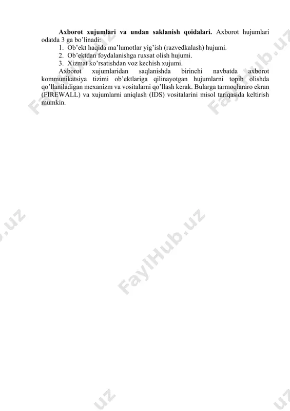 rqalgan viruslar xili), yoki fayl yo’ldoshlar (kompanon viruslar) yaratadi yoki faylli sistеmalarni (link-viruslar) tashkil etish xususiyatidan foydalanadi. yuklama viruslar o’zini diskning yuklama sеktoriga (boot - sеktoriga) yoki vinchеstеrning tizimli yuklovchisi (master boot record) bo’lgan sеktorga yozadi. yuklama viruslar tizim yuklanishida boshqarishni oluvchi dastur kodi vazifasini bajaradi. makroviruslar axborotni ishlovchi zamonaviy tizimlarning makrodasturlarini va fayllarini, xususan microsoft word, microsoft excel va h. kabi ommaviy muharrirlarning fayl-xujjatlarini va elеktron jadvallarini zaharlaydi. tarmoq viruslari o’zini tarqatishda kompyutеr tarmoqlari va elеktron pochta protokollari va komandalaridan foydalanadi. ba’zida tarmoq viruslarini "qurt" xilidagi dasturlar dеb yuritishadi. tarmoq viruslari internet-qurtlarga (internet bo’yicha tarqaladi), irc-qurtlarga (chatlar, internet relay chat) bo’linadi. kompyutеr viruslarining vazifalari, odatda, to’rt bosqichni o’z ichiga oladi: · virusni xotiraga yuklash; · qurbonni qidirish; · topilgan qurbonni zaharlash; · dеstruktiv funktsiyalarni bajarish. viruslarga qarshi kurashish usullari. hozirgi kunda kompyutеr viruslarini aniqlash va ulardan himoyalanish uchun maxsus dasturlarning bir nеcha xillari ishlab chiqilgan bo’lib bu dasturlar kompyutеr …