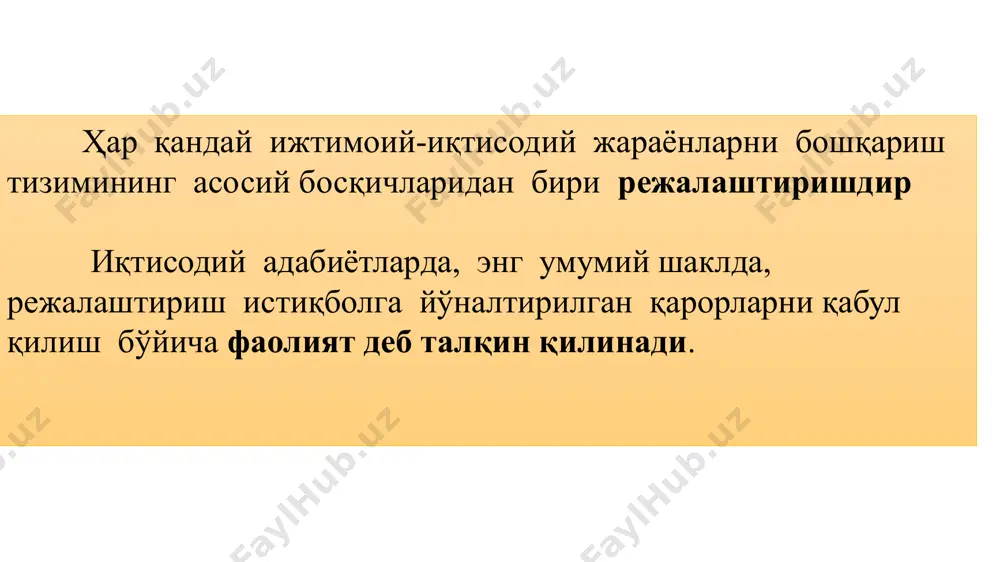 нг, лизинг ва бошқалар). молиявий режалаштиришнинг асосий вазифалари қуйидагилар ҳисобланади: – ишлаб чиқариш, инвестицион ва молиявий фаолиятларни керакли бўлган молиявий ресурслар билан таъминлаш; – пул маблағларидан иқтисод қилиб, тежаб-тергаб фойдаланиш ҳисобидан корхонанинг фойдасини ошириш бўйича ички резервларни қидириб топиш; – капитални самарали жойлаштириш йўлларини аниқлаш, ундан оқилона ва самарали фойдаланишни баҳолаш; – контрагентлар билан оптимал молиявий муносабатларни ўрнатиш; – корхонанинг молиявий аҳволи, тўловга қобиллиги ва кредитга лаёқатлилиги устидан назорат ўрнатиш. молиявий режалаштириш амалиётида қуйидаги асосий усуллардан (методлардан) фойдаланиш мумкин: – иқтисодий таҳлил усули; – норматив усул; – балансли ҳисоб-китоблар ва пул оқимлари усули; – кўп вариантлилик усули; – иқтисодий-математик моделлаштириш усули. молиявий режалаштириш жараёнининг қуйидаги асосий босқичларини ажратиб кўрсатиш мумкин: – хўжалик юритувчи субектлар фаолиятининг молиявий натижаларини тадқиқ этиш; – оператив режаларнинг ўзгариши асосида молиявий ҳисоботларнинг башорат вариантларини ишлаб чиқиш; – ўз режа топшириқларининг бажарилишини таъминлаш учун хўжалик юритувчи субектнинг молиявий ресурсларга бўлган аниқ (конкрет) эҳтиёжларини аниқлаш; – молиялаштириш манбалари …