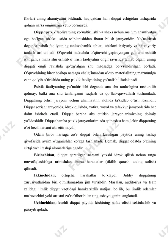 arqarorligini saqlab turuvchi shartlardan biri hamdir. shuning uchun ko’pincha biror ishni bajarishdan avval organizmimizni shu ishga moslab muayyan bir holatda tutib olamiz. diqqatning tashqi ifodalanishiga rassomlarning rasmlari, turli jurnallardan olingan suratlar eng yaxshi illyustrativ material hisoblanadi. ular yordamida kishi diqqatining tashqi ifodasiga xos bo’lgan mimika va pantomimikani ko’rsatish mumkin. diqqatning nerv-fiziologik asoslari odamga har bir daqiqada ta'sir qilib turadigan qo’zg’atuvchilar turlicha reflekslarga sabab bo’ladi. chunki har qanday refleks organizmning tashqi ta'sirotga beradigan qonuniy javob reaksiyasidir. diqqatning nerv-fiziologik asosida orientirovka yoki tekshirish deb ataladigan maxsus refleks yotadi. bunday refleksni akademik i.p.pavlov maxsus ibora bilan "bu nima gap refleksi" deb ham ataydi. ana shu refleks odatda organizmga to’satdan birorta yangi narsaning ta'siri yoki haddan tashqari kuchli ta'sirot orqali hosil bo’ladi. orientirovka yoki tekshirish refleksi diqqatning fiziologik asosi hisoblanadi, chunki bu refleks bosh miya yarim sharlarining po’stida kuchli qo’zg’alish jarayonidan iborat bo’ladi. boshqacha qilib aytganda har bir daqiqada organizmga turli narsalarning ta'siridan hosil …