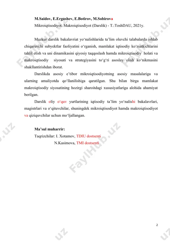 .bob bozor va tavakkalchilik 5.1. bozor iqtisodiyoti davrida tavakkalchilik va uning vujudga kelishi 5.2. tavakkalchilikni o‘lchash 5.3. tavakkalchilikda bo‘lgan munosabatlar 5.4. bozordagi assimetrik axborotlarni yo‘qotish usullari vi.bob firma va uning tashkiliy-iqtisodiy asoslari 6.1. firma faoliyatini tashkil etish shakllari va uning xususiyatlari 6.2. tadbirkorlik faoliyatining shakllari, ularning tashkil etish va boshqarishning bozor tizimi 6.3. davlat korxonalari va aksionerlik jamiyatlari vii.bob ishlab chiqarish nazariyasi. ishlab chiqarish xarajatlari 7.1. ishlab chiqarish omillari. ishlab chiqarish funksiyalari va ulardan foydalanish 7.2. ishlab chiqarish omillarini bir-biri bilan almashtirish 7.3. umumiy, o‘zgarmas, o‘zgaruvchan va chekli xarajatlar 7.4. o‘rtacha xarajatlar va ularning grafiklarini o‘zaro joylashuvi viii.bob raqobatlashgan bozorda qisqa muddatli oraliqda firma foydasini maksimallashtirish va uning taklifi 8.1. raqobatlashgan bozor va uning shartlari 8.2. qisqa muddatli oraliqda ishlab chiqarish hajmini aniqlash va foydani maksimallashtirish 8.3. raqobatlashuvchi firmaning qisqa muddatli oraliqdagi taklifi ix.bob raqobatlashuvchi firma va tarmoqning uzoq muddatli oraliqdagi muvozanati va tarmoqning taklifi 9.1. raqobatlashgan firmaning muvozanat holati …