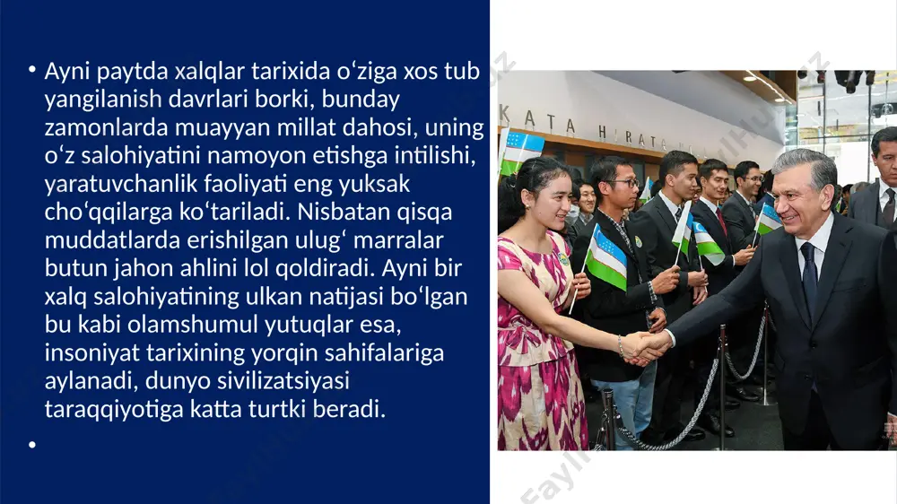 azifamizga aylanib borayotganidan dalolat beradi. yangi o‘zbekiston tushunchasi uchun asos bo‘layotgan va unda o‘z aksini topayotgan eng muhim jihatlar va amaliy mezonlar quyidagilardan iborat: butun mamlakatimizda islohot va yangilanish larning ko‘lamda amalga oshirilayotgani, eng muhimi, raqobatbardosh vatash qi dunyo uchun ochiq ijtimoiy-iqtisodiy makonni barpo etishga sobitqadamlik bilan kirishilgani; bu tarixiy jarayonda dasturilamal bo‘lib xizmat qilayotgan, mamlakatimizni rivojlantirish strategiyasini to‘liq amalga oshirish mas’uliyati butun xalqimiz tomonidan chuqur his etilayotgani; ushbu maqsad yo‘lida aholining barcha qatlamlari, hokimiyatning vakillik va ijro organlari, fuqarolik jamiyati institutlarining imkoniyatlari keng ishga solinayotgani; mamlakatimizda amalga oshirilayotgan islohotlarning bosh maqsadi inson, uning hayoti, huquq va erkinliklari, qadr-qimmati, ehtiyoj va manfaatlariga qaratilgani; “xalq boy bo‘lsa, davlat ham boy va qudratli bo‘ladi” degan prinsip asosida barchaning mulk huquqini hurmat qilish, shaxs, jamiyat va davlat manfaatlari uyg‘unligi tamoyili joriy etilgan kuchli fuqarolik jamiyati, konstitutsiyaviy parlament demokratiyasi, erkin bozor iqtisodiyoti mamlakatimiz va xalqimiz ravnaqining asosiga aylanayotgani; yangi o‘zbekistonni erkin va baxtli odamlar …