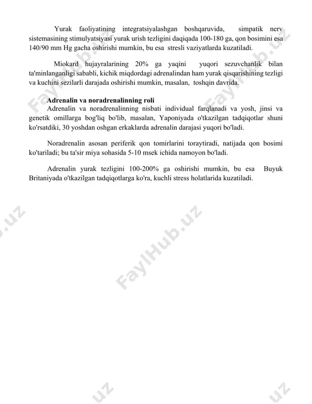 u esa, masalan, dam olish holatida, yurakning energiya tejashini ta'minlaydi. yurak urish tezligini simpatik nerv sistemasining aktivlashuvi, taxminan 10-20 hz chastotada impulslar yuborish orqali, 100-200 ur/min gacha oshirishi mumkin, bu esa jismoniy faoliyat davomida yurak chiqishini oshirishga yordam beradi. yurak faoliyatining integratsiyalashgan boshqaruvi vagus nervining ta'siri natijasida yurak urish tezligi daqiqasiga 60-70 zarbadan 40-50 zarbagacha pasayadi, bu esa vagal tonusining yuqori darajasi bilan bog'liq, masalan, tinch holatda. yurak faoliyatining integratsiyalashgan boshqaruvida, simpatik nerv sistemasining stimulyatsiyasi yurak urish tezligini daqiqada 100-180 ga, qon bosimini esa 140/90 mm hg gacha oshirishi mumkin, bu esa stresli vaziyatlarda kuzatiladi. miokard hujayralarining 20% ga yaqini yuqori sezuvchanlik bilan ta'minlanganligi sababli, kichik miqdordagi adrenalindan ham yurak qisqarishining tezligi va kuchini sezilarli darajada oshirishi mumkin, masalan, toshqin davrida. adrenalin va noradrenalinning roli adrenalin va noradrenalinning nisbati individual farqlanadi va yosh, jinsi va genetik omillarga bog'liq bo'lib, masalan, yaponiyada o'tkazilgan tadqiqotlar shuni ko'rsatdiki, 30 yoshdan oshgan erkaklarda adrenalin …