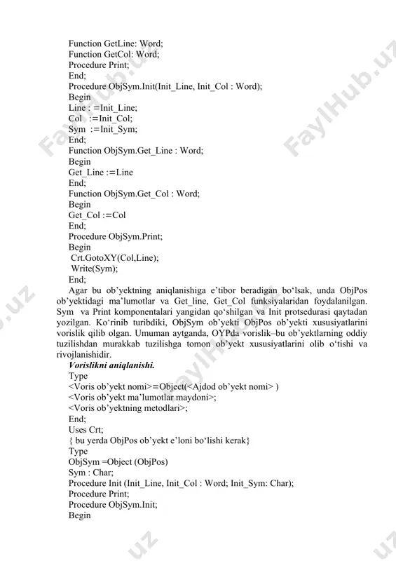 ni har bir voris ob’yekt yuqoridagi aniqlangan metodlarni, yangidan e’lon qilishi mumkin (o‘ziga xoslikdan kelib chiqqan holda). bunga misol sifatida print metodini ko‘rsatishimiz mumkin. bu hollarda har bir ob’yekt uchun o‘z metodi (print) ishlaydi. vorislikda ham ob’yektlar iyerarxiyasidagi oxirgi aniqlangan metod ishlaydi. ob’yekt qiymatlarini berish. ob’yektlarni vorislik xususiyatidan kelib chiqqan holda, ob’yekt turidagi o‘zgaruvchilar uchun qiymat berishning quyidagi qoidasi aniqlangan. ob’yekt o‘zgaruvchilarga faqat o‘z turidagi o‘zgaruvchi qiymatini berib qolmasdan, balki shu o‘zgaruvchi turidan hosil bo‘luvchi turdagi o‘zgaruvchilar qiymatlarini berish mumkin. xuddi shu qoida protsedura va funksiyalar uchun ularning «ob’yekt» turidagi parametrlar qiymatini berishda amal qiladi. misol uchun var objposvar : objpos; objsymvar : objsym; ... objposvar :( objsymvar; objsymvar qiymatlarini objposvar ga o‘tkazish uchun yuqoridagi qiymat berish yetarli. bunda objpos ning ga vorislik bilan o‘tgan maydonlari mos qiymat bilan to‘ldiriladi. umuman aytganda, ob’yektlar uchun qiymat berish ajdod я voris sxema bilan amalga oshadi. bu holda chap tomondagi o‘zgaruvchining barcha maydonlarining …