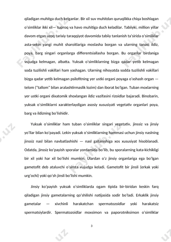 ga bo‘lgan gametofit deb ataluvchi o‘simta vujudga keladi. gametofit bir jinsli (erkak yoki urg‘ochi) yoki qo‘sh jinsli bo‘lishi mumkin. jinsiy ko‘payish yuksak o‘simliklarda ogam tipida bir-biridan keskin farq qiladigan jinsiy gametalarning qo‘shilishi natijasida sodir bo‘ladi. erkaklik jinsiy gametalar — xivchinli harakatchan spermatozoidlar yoki harakatsiz spermatsiylardir. spermatozoidlar moxsimon va paporotniksimon o‘simliklar gametofitida anteridiy deb ataladigan maxsus erkaklik jinsiy organlarida rivojlanadi. yuksak o‘simliklarning tuxum hujayrasi arxegoniy deb ataladigan ko‘p hujayrali urg‘ochilik jinsiy organlarda vujudga keladi. arxegoniy odatda cho‘ziq gulcha shaklida bo‘lib, u qorin, bo‘yin va og‘izcha qismlaridan iborat. u ko‘pchilik arxegoniyli (moxsimon va paporotniksimon) o‘simliklarda mustaqil hayot kechiradigan o‘simta – gametofitda va urug‘li (ochiq va yopiq urug‘li) o‘simliklarda urug‘murtak ichida taraqqiy etadi. urug‘lanish arxegoniat o‘simliklar ichida arxegoniy ichida sodir bo‘lib, spermatozoid uning ichiga faqat suvli yoki nam muhit bo‘lganda, urug‘li o‘simliklarda esa spermiy chang yo‘li orqali o‘tib, otalanish urug‘murtak ichida sodir bo‘ladi. urug‘lanishdan so‘ng, arxegoniyli o‘simliklarda zigotadan to‘g‘ridan-to‘g‘ri sporofit hosil bo‘ladi. urug‘li …