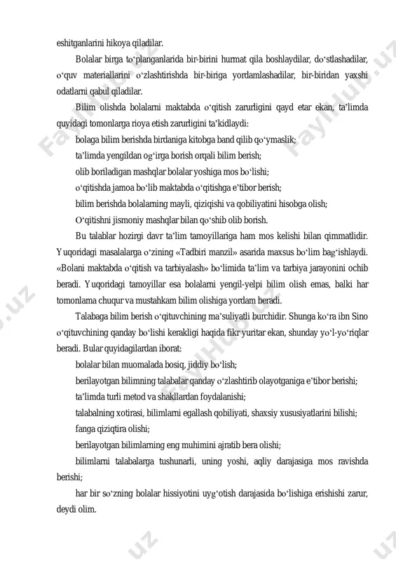 qayd etib, maktabga barcha kishilarning bolalari tortilishi va birga o„qitilishi va tarbiyalanishi lozim deb, bolani uy sharoitida yakka o„qitishga qarshi bo„lgan. bolani maktabda jamoa bo„lib o„qishini foydasi quyidagicha ifodalangan: agar o„quvchi birga o„qisa u zerikmaydi, fanni egallashga qiziqish yuzaga keladi, bir-biridan qolmaslik uchun harakat, musobaqalashish istagi rivojlanadi. bularning hammasi o„qishning yaxshilanishiga yordam beradi. o„zaro suhbatda o„quvchilar bir-biriga kitobdan o„qib olganlari, kattalardan eshitganlarini hikoya qiladilar. bolalar birga to„planganlarida bir-birini hurmat qila boshlaydilar, do„stlashadilar, o„quv materiallarini o„zlashtirishda bir-biriga yordamlashadilar, bir-biridan yaxshi odatlarni qabul qiladilar. bilim olishda bolalarni maktabda o„qitish zarurligini qayd etar ekan, ta‟limda quyidagi tomonlarga rioya etish zarurligini ta‟kidlaydi: bolaga bilim berishda birdaniga kitobga band qilib qo„ymaslik; ta‟limda yengildan og„irga borish orqali bilim berish; olib boriladigan mashqlar bolalar yoshiga mos bo„lishi; o„qitishda jamoa bo„lib maktabda o„qitishga e‟tibor berish; bilim berishda bolalarning mayli, qiziqishi va qobiliyatini hisobga olish; o„qitishni jismoniy mashqlar bilan qo„shib olib borish. bu talablar hozirgi davr ta‟lim tamoyillariga ham …