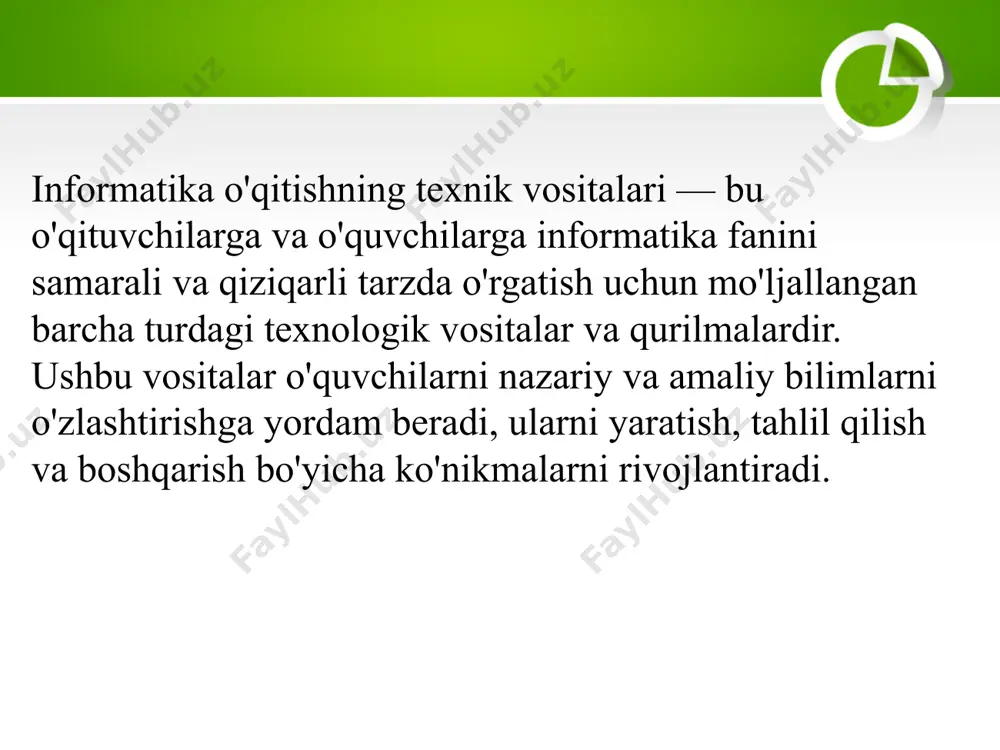 i katta ekranda ko'rsatish, o'quvchilarga mashqlar va tushunchalarni yanada aniqroq va qulayroq tushuntirish imkoniyatini beradi. simulyatorlar va virtual laboratoriyalar simulyatorlar — o'quvchilarga turli tizimlar yoki dasturlarni real sharoitda ishlatish imkoniyatini beradi. masalan, virtual tarmoq simulyatorlari (cisco packet tracer), o'yinlar va boshqa simulyatsiyalar. virtual laboratoriyalar — informatika va boshqa fanlarda o'quvchilarga laboratoriya ishlarini amalga oshirish uchun virtual muhitlar yaratiladi. bu orqali o'quvchilar tarmoq tizimlarini yaratish, dasturlarni sinovdan o'tkazish va boshqa amaliy ishlarni bajarishlari mumkin. onlayn resurslar va ma'lumotlar bazalari onlayn o'quv resurslari: youtube, coursera, edx kabi onlayn ta'lim platformalari informatika bo'yicha videodarslar, kurslar va ma'lumotlarni taqdim etadi. o'quvchilar shu resurslar orqali o'z bilimlarini mustahkamlashlari mumkin. elektron kitoblar (e-books): kitoblar va o'quv qo'llanmalari elektron shaklda mavjud bo'lib, o'quvchilar ulardan osonlik bilan foydalanishlari mumkin. ma'lumotlar bazalari va bulutli texnologiyalar ma'lumotlar bazalari: mysql, postgresql, oracle, mongodb kabi ma'lumotlar bazalarini o'rgatishda ishlatiladi. o'quvchilar bu vositalar yordamida ma'lumotlarni saqlash, tahlil qilish va boshqarishni o'rganadilar. bulutli texnologiyalar: …