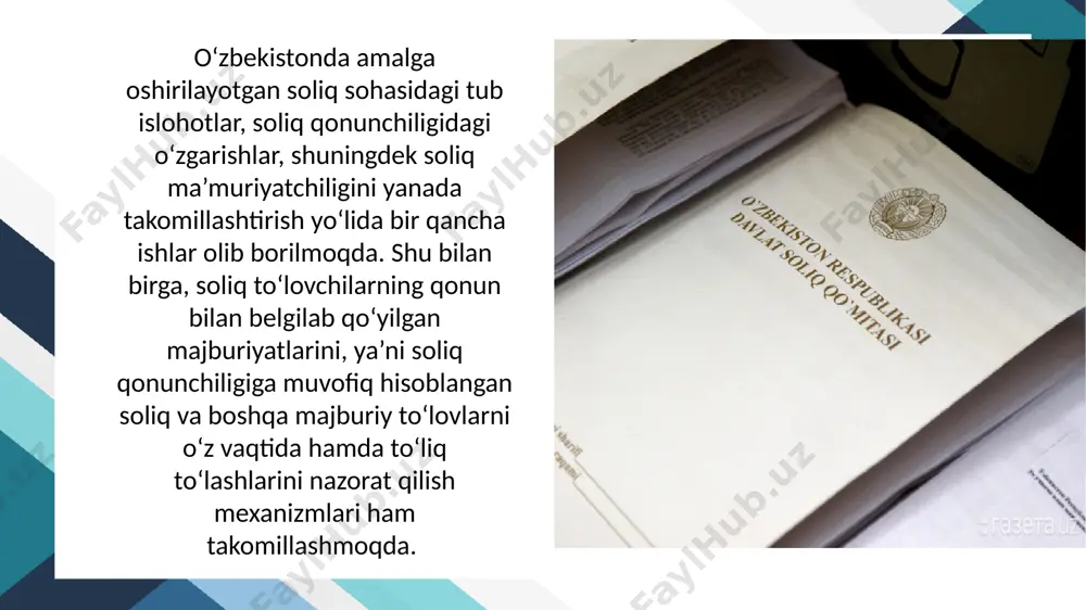 arni har tomonlama qo‘llab-quvvatlash va ishonchli huquqiy himoyalash; soliq nazoratining shakl va mexanizmlarini, shu jumladan soliq solish obyektlari hamda soliq to‘lovchilarni yanada to‘liq qamrab olish va hisobini ta’minlaydigan zamonaviy axborot-kommunikatsiya texnologiyalarini keng joriy etish hisobigatakomillashtirish, transfer narxlarni shakllantirish bilan bog‘liq operatsiyalarga soliq solish tartibini joriy etish. dunyo tajribasidan ma’lumki, iqtisodiyotni soliq siyosatini takomillashtirish orqali tartibga solish instrumenti har qanday mamlakatning eng muhim yo’nalishi hisoblangan moliyaviy siyosatning dolzarb masalalardan hisoblanadi. chunki sof fiskal funktsiyadan tashqari soliq siyosati ijtimoiy ishlab chiqarishga, uning tarkibiy tuzilishiga va dinamikasiga, joylashishiga, ilmiy-innovasiya taraqqiyotini jadallashtirishga iqtisodiy ta’sir ko’rsatuvchi asosiy mexanizm bo’lib ham xizmat qiladi. mamlakatimizda keng qamrovli ijtimoiy-iqtisodiy islohotlarni izchil da’vom ettirish, milliy iqtisodiyotni rivojlangan zamonaviy bozor iqtisodiyoti darajasiga ko’tarish, eksportga yo’naltirilgan ishlab chiqarish tarmoqlarini vujudga keltirish, jahon iqtisodiyoti integrasiyasiga jadal kirib borishda moliyaviy siyosatning asosiy ustivor yo’nalishi bo’lgan soliq siyosati dolzarb ahamiyat kasb etadi. soliq siyosati o’rganishda zamonaviy soliq siyosatini ishlab chiqish va uni hayotga tadbiq …