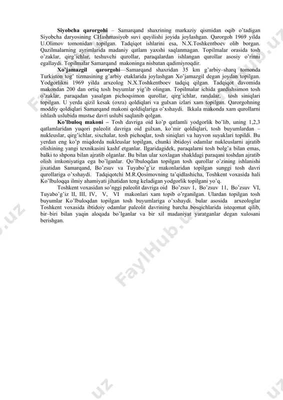 ivojlanishida o’zgarishlar yuz berdi. insonlarning tashqi ko’rinishida o’zgarish yuz berishi bilan birga ularning tabiiy –geografik sharoitga moslashishi natijasida irqlar vujudga keldi. yevropoid, mongoloid, negroid. yevropoid irqi fanda kromonon odami nomini olgan. o’zbekistonning ham samarqand makonidan kromonon odamning qoldiqlari topilgan. yuqori paleolit davrida yuz bergan muhim o’zgarishlardan yana biri, bu san’atning kelib chiqishidir. san’atning vujudga kelishi o’sha davr odamlarining diniy qarashlari bilan bog’liq bo’lsa-da, ular qoldirgan haykalchalar va qoya tosh suratlari o’sha davr ijtimoiy hayoti haqida bizga ko’p ma’lumot beradi.o’rta osiyoning ko’pchilik joyidan qoyatosh suratlari topilgan. jumladan; zarautsoy, xurtakasoy, bichikchashma, sariyoz va boshqalar. ularda karkidonlar, mamontlar, odam, ot, buqa, it, tulki, jayron, tog’ echkisi, o’q yoylarning tasvirlari bor. 2008 yilda arxeologlar janubi-g‘arbiy germaniyada 5 ta teshikchasi bor suyakdan ishlangan nay qoldig‘ini topishgan. tadqiqot jarayonida u 35 000 yillik tarixga ega ekanligi aniqlandi[footnoteref:2]. the caves of early men and women also resounded to the strains of music. in 2008 archaeologists working in …