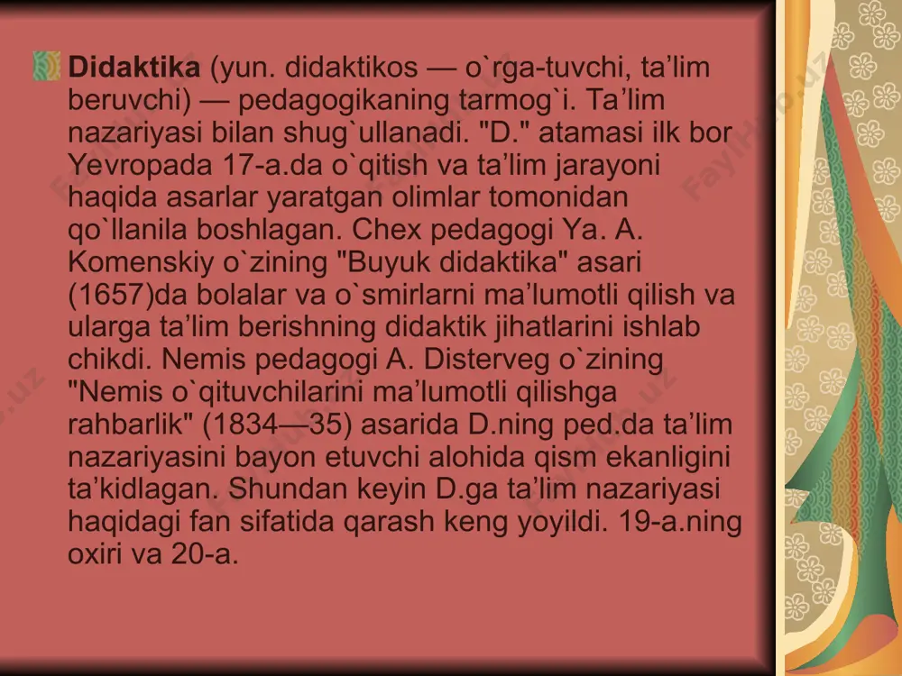 akati, xususan, munavvarqori abdurashidxonov, abduqodir shu kuriy, a. ibodiyev, m. behbudiy, a. avloniy, s. saidazizov, r. yusufbekov kabi maʼrifatparvar-pedagoglarning faoliyati alohida muhim bosqich bo`ldi. 20-a. boshlarida vujudga kelgan jadidchilik turkiy xalqlarning kad. shonu shuxratini tiklash uchun uni maʼrifatli qilishdan o`zga yo`l yo`kligini to`g`ri belgiladi. jahon ped. sining eng so`nggi yutuklaridan xabardor bo`lgan, ayni vaqtda taʼlimni tashkil etishda ko`p asrlik milliy tajribalarni hisobga olgan, d.ning metodologik asosi sifatida islomiy eʼtiqodni belgilagan jadidlar o`qi-tish borasida yuksak natijalarga erishdilar. jadid mutafakkirlar taʼlimni uyushtirishning amaliy jihatlari b-ngina shug`ullanib qolmay, uning nazariy masalalarini ham tadqiq etganliklari diqqatga sazovordir. jadidlarning didaktik karashlari ularning ko`plab pedagogik asarlari, darelik va qo`llanmalarida aks etgan. turkistonda okt. to`ntarishi tufayli qaror topgan sho`rolar zamonida d. avtoritar ped.ning bir tarmog`i sifatida deyarli hamisha tarbiyaga qarshi qo`yib kelindi. milliy tajribalarga tayanmagan, taʼlim jarayonining mazmunini yangilashga qobil bo`lmagan, maktab d.sini mafkura zug`umidan xalos eta olmagan sotsialistok ped. uning tashqi jihatlarini pardozlab, yaltiratib ko`rsatishga alohida …