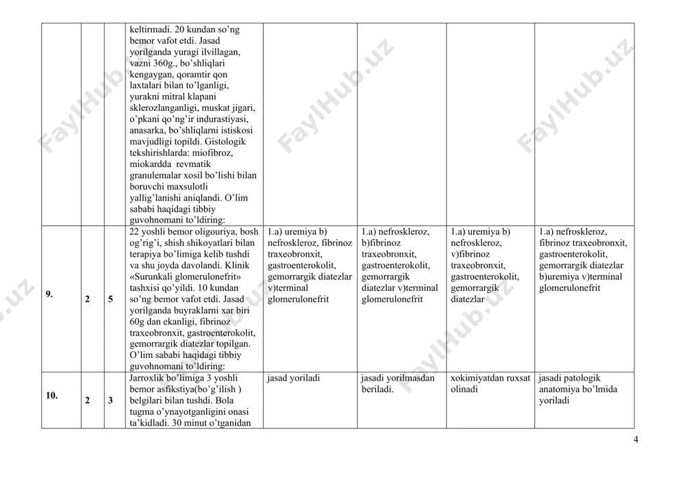 ’ldiring: 1.a) uremiya b) nefroskleroz, fibrinoz traxeobronxit, gastroenterokolit, gemorrargik diatezlar v)terminal glomerulonefrit 1.a) nefroskleroz, b)fibrinoz traxeobronxit, gastroenterokolit, gemorrargik diatezlar v)terminal glomerulonefrit 1.a) uremiya b) nefroskleroz, v)fibrinoz traxeobronxit, gastroenterokolit, gemorrargik diatezlar 1.a) nefroskleroz, fibrinoz traxeobronxit, gastroenterokolit, gemorrargik diatezlar b)uremiya v)terminal glomerulonefrit 10. 2 3 jarroxlik bo’limiga 3 yoshli bemor asfikstiya(bo’g’ilish ) belgilari bilan tushdi. bola tugma o’ynayotganligini onasi ta’kidladi. 30 minut o’tganidan so’ng traxeostomiya qilinishidan qat’iy nazar bola o’ldi. bolaning qarindoshlari uni yormasdan berishni so’rashmoqda. bosh xakim sifatida sizning ish yo’nalishingiz qanday bo’ladi jasad yoriladi jasadi yorilmasdan beriladi. xokimiyatdan ruxsat olinadi jasadi patologik anatomiya bo’lmida yoriladi 11. 2 5 49 yoshli bemor klinikaga og’ir axvolda yurak soxasidagi og’riqdan vauni chap kulga tarqalishidan shikoyat qilishi munosabati bilan olib kelindi. ekg –miokard infarktini ko’rsatdi. bir necha soatdan so’ng bemor o’ldi. jasad yorilganda yurakning og’irligi 720g, miokard infarkti chap qorincha devorini yorilganligi, yurak xaltasiga qon quyilganligi topildi. aorta va toj tomirlarini aterosklerozi yaxshi namoyon …