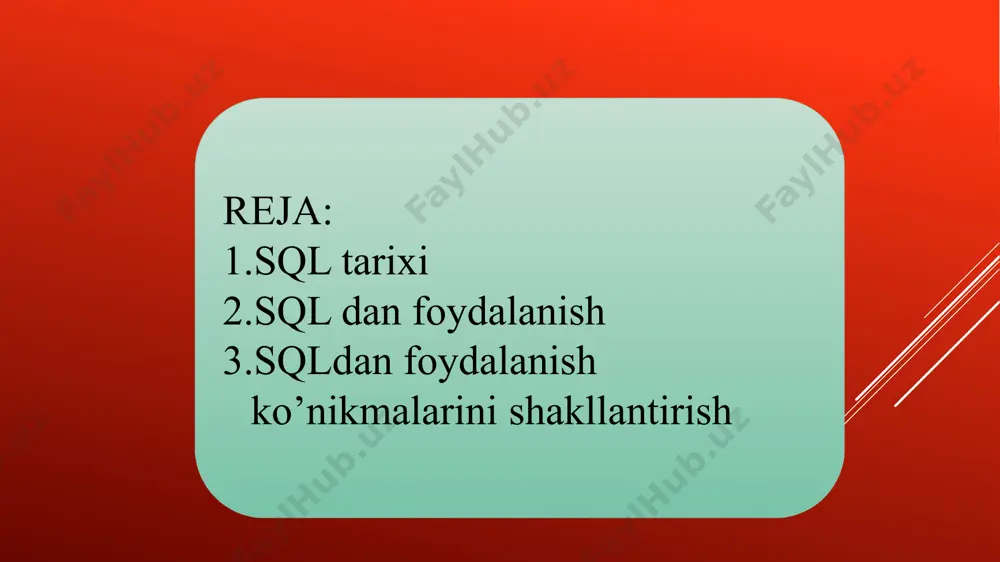 anuchiga ko'rsatish (foydalanuvchi interfeysi). sanoat mbbt lari o'rta va yirik masshtabli korxona, tashkilot va banklarning axborot tizimlarining faoliyatini ta'minlab beradi. sanoat mbbt lariga ms sql server, oracle, gupta, informix, sybase, , db2, interbase va boshqalar misol bo'ladi. qoidaga ko'ra, sql – serverga bitta xodim yoki xodimlar guruxi (sql – server administratori) tomonidan xizmat ko'satiladi. ular ma'lumotlar bazasini fizik xarakteristkalarini boshqaradi, mb turli komponentlarini rostlaydi va qayta aniqlaydi, optimallashtiradi, yangi mb lar yaratadi, mavjud mb larni o'zgartiradi, hamda turli foydalanuvchilar vakolatlarini belgilaydi. foydalanilgan adabiyotlar https://en.wikipedia.org/wiki/mysql https://designlab.com/figma-101 -course/introduction-to-figma/ https://uz.wikipedia.org/wiki/sql /docprops/thumbnail.jpeg