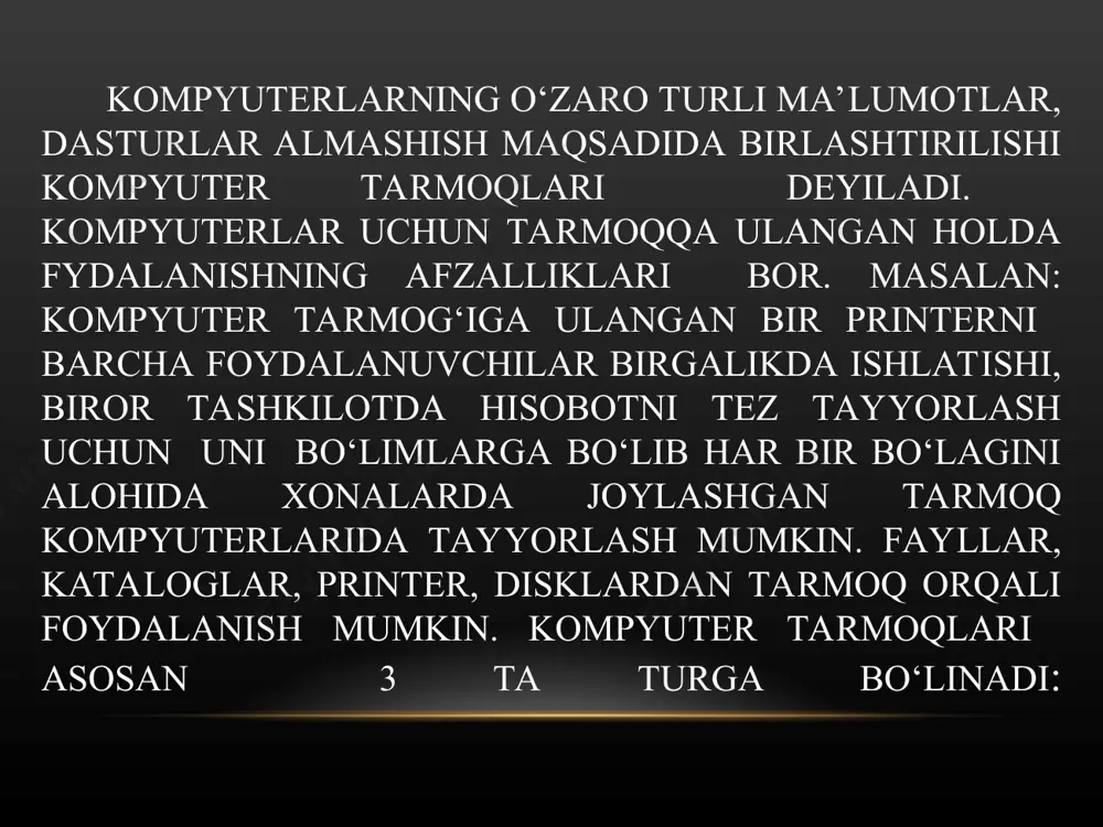 di. foydalanuvchilar taqdim etadigan tarmoq resurslari manbai serverlar deb yuritiladi. serverlar-tarmoq bo‘ylab axborotni tez uzatish uchun, axborotni dasturiy ta’minot yordamida turli vazifalarni bajaruvchi kompyuterlardir. bu uzellar aloqa tarmog’ining ishlash samaradorligini ta’minlaydi. ko‘rib chiqilgan tarmoq uzelli hisoblanadi va global tarmoqda qo‘llaniladi. internet - global kompyuter tarmog’ining paydo bo‘lish tarixi 1957 yil arpa (advanced research projects agency) tashkiloti to‘zildi. 60-yillar oxirida darpa (defense advanced research project agency) arpanet tajriba tarmog’ini tashkil etish haqida qaror qabul qildi. ilk bor tarmoq 1972 yilda namoyish etildi. u 40 ta kompyuterdan iborat bo‘lib, asosiy to‘zilish printsipi tarmoqdagi barcha kompyuterlarning teng huquqli bo‘lishi edi. 1975 yil arpanet tajriba tarmog’i maqomini harakatdagi (amaliy) tarmoq maqomiga o‘zgartirdi. 80-yillar boshida tarmoqda mashinalarning o‘zaro ta’sir protokollari standartlashtirildi. boshlang’ich variant tcp/ip (transfer control protocol/internet protocol). bbn kompaniyasi bilan shartnoma to‘zildi, bu esa tcp/ip ni unix ot safiga kiritdi. 1983 yilda-internet tashkil etildi. arpanet 2 ta qismga bo‘lindi: milnet va arpanet, ularga nsfnet …
