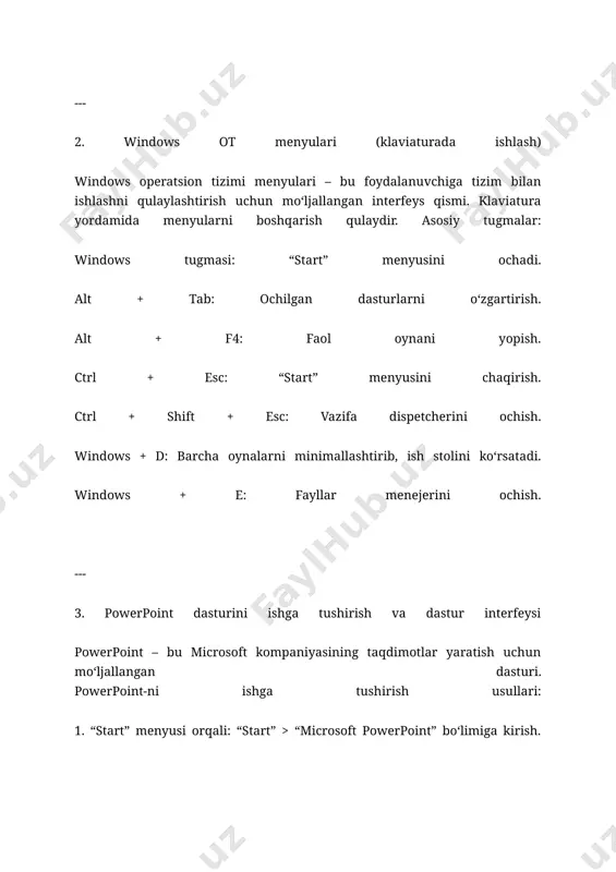 slaydlar ustida ishlash uchun asosiy bo‘shliq. holat paneli: joriy slayd raqami va taqdimot rejimi. --- 4. sanoq tizimlari va axborotlarni kodlash sanoq tizimlari: kompyuterlarda axborotlarni saqlash va qayta ishlash uchun sonlar tizimi ishlatiladi. asosiy sanoq tizimlari: 1. ikkinchi sanoq tizimi (binary): har bir raqam 0 yoki 1 bo‘ladi (asosan kompyuterlarda ishlatiladi). 2. o‘nlik sanoq tizimi (decimal): insonlar kundalik hayotda ishlatadigan 0 dan 9 gacha bo‘lgan raqamlar. 3. o‘n oltilik sanoq tizimi (hexadecimal): 0-9 va a-f belgilari ishlatiladi (masalan, ranglarni kodlashda). axborotlarni kodlash: ma’lumotlarni kodlash usullari: ascii (american standard code for information interchange): har bir belgini raqamli qiymat bilan ifodalaydi. unicode: xalqaro belgilar uchun kengroq imkoniyatlarni taqdim etadi. qr kodlar: raqamli ma’lumotlarni grafik holatda taqdim etish. --- 5. axborot o‘lchov birliklari axborot o‘lchov birliklari ma’lumot hajmini ifodalash uchun ishlatiladi: bit (b): axborotning eng kichik birligi. bayt (b): 1 bayt = 8 bit. kilobayt (kb): 1 kb = 1024 bayt. megabayt (mb): …