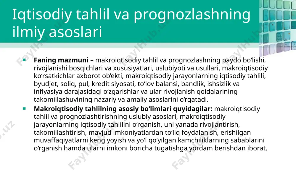 isodiy siyosatini belgilaydi; ma'lum vaqt oraliғidagi ishlab chiqarish hajmini hisoblash va milliy iqtisodiyotning faoliyat yuritishiga bevosita ta'sir qiluvchi omillarni aniqlash imkonini beradi ishlab chiqarish, ayirboshlash, taqsimlash, qayta taqsimlash va natijada foydalanish bosqichlarida ko'rgazmali shaklda aks ettirish imkonini beradi mamlakatdagi umumiy iqtisodiy muvozanatlik holatini aks ettiradi. o'zbekistonda yaimning o'sish sur'atlari © 2013 cengage learning. all rights reserved. may not be scanned, copied or duplicated, or posted to a publicly accessible website, in whole or in part. asosiy makroiqtisodiy ko'rsatkichlar yillar yaim sanoat qishloq xo'jaligi xizmatlar investi-tsiyalar 2000 103,8 101,3 103,1 105,4 101,0 2005 107,0 103,8 105,4 107,6 105,7 2006 107,5 106,2 106,7 107,8 106,1 2007 109,5 106,6 106,1 112,5 106,7 2008 109,0 106,8 104,5 112,3 107,4 2009 108,1 104,1 105,8 106,8 108,2 2010 108,5 106,0 106,9 111,0 108,7 2011 108,3 104,0 106,6 111,4 108,5 2012 108,2 105,3 107,2 109,3 107,9 2013 108,0 107,0 106,9 107,8 108,3 2014 108,0 105,5 107,0 108,5 …