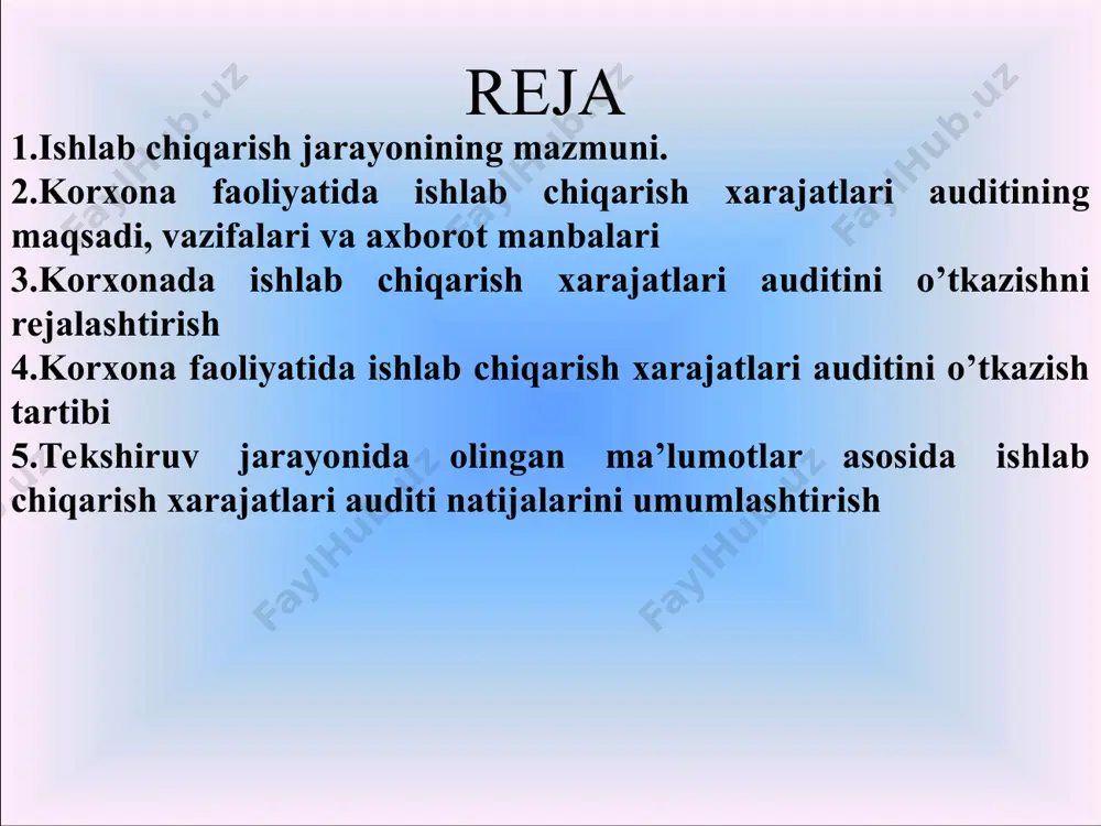 rining yuzaga chiqishi va javobgarlik markazlari bo’yicha hisobga olish va soliq to’lanadigan bazaning aniq hisob-kitobini yuritish va bu orqali ishlab chiqarish xarajatlari hamda korxona sarflarini boshqarishni tashkil etishdan iborat ishlab chiqarish xarajatlari va mahsulotlar tannarxini hisoblashni auditorlik tekshiruvidan o’tkazishda quyidagi vazifalar mavjud: -ishlab chiqarish xarajatlarini o’rganish va ularning holatiga baho berish; -mahsulot tannarxini pasaytirish bo’yicha belgilangan rejaning bajarilishi va dinamikasini nazorat qilish; -ishlab chiqarish xarajatlarining iqtisodiy elementi va kalkulyatsion moddalari bo’yicha o’rganish va ularga baho berish; -tannarxning o’zgarish sabablarini aniqlash va unga ta’sir etuvchi omillarni miqdor jihatidan hisoblash; -ayrim turdagi mahsulot tannarxini xarajat moddalari bo’yicha tahlil etish; -tannarxni pasaytirish bo’yicha mavjud imkoniyatlarni aniqlash va boshqalar. korxonalarda ishlab chiqarish xarajatlari hisobini tartibga soluvchi asosiy hujjat- o’zbekiston respublikasi vazirlar mahkamasining 1999 yil 5-fevraldagi 54-sonli qarori bilan tasdiqlangan «mahsulot(ish,xizmat)larni ishlab chiqarish va realizatsiya xarajatlarining tarkibi hamda moliyaviy natijalarni shakllantirish tartibi to’g’risidagi nizom» bo’lib hisoblanadi. moliya-xo’jalik faoliyati bilan bog’liq barcha xarajatlar quyidagilarga guruhlanadi: 1. …