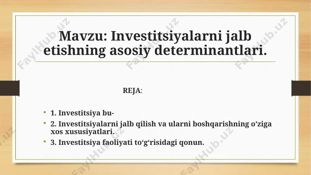 va b. qimmatli qogʻozlarni sotib olishga qoʻyiladigan investitsiya, ; real investitsiya — moddiy ishlab chiqarish (sanoat, qishloq xoʻjaligi, qurilish va b.) sohasiga, moddiy-ashyoviy faoliyat turlariga uzoq, muddatli mablagʻlar qoʻyish shakllarida amalga oshiriladi. jahon tajribasida investitsiyani moliyalashtirish turli usul va shakllarda, shu jumladan, korxonalarni aksiyadorlashtirish va aksiyalarni joylashtirish, byudjet mablagʻlari, bank kreditlari, lizing, bevosita chet el investitsiyalari, ipoteka, byudjetdan tashqari maxsus fondlar, amortizatsiya va xoʻjalik yuritish subʼyektlarining boshqa mablagʻlari hisobiga amalga oshiriladi. keyingi davrda xalqaro iqtisodiy munosabatlarda investitsion hamkorlik rivoj topdi. bunday hamkorlikning real, moliyaviy, intellektual (litsenziyalar, nou-xauni berish, hamkorlikda bajariladigan ilmiy ishlanmalar va b.ga mablagʻ sarflash) koʻrinishlari bor. investitsion hamkorlik umumjahon va milliy muammolarni hal qilishga xizmat qiladi. jahondagi bevosita investitsiya faol oʻsib bormoqda: 1980-yillar oʻrtalarida jahon boʻyicha umumiy yillik investitsiya hajmi 450 milliard dollarni tashkil qilgan boʻlsa, 1990-yillar oʻrtalariga kelib investitsiya hajmi 2 trillion dollardan oshdi. o‘zbekiston respublikasida bozor iqtisodiyotiga oʻtish davrida respublika iqtisodiyotida tuzilmaviy oʻzgarishlarni amalga oshirishda investitsiyadan …