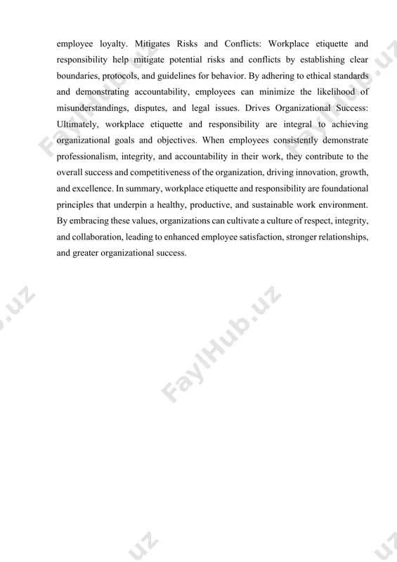 resolution: workplace etiquette involves handling conflicts and disagreements diplomatically and constructively. this includes actively listening to others' perspectives, seeking common ground, and finding mutually acceptable solutions to conflicts. diplomacy: diplomacy involves navigating sensitive situations with tact, discretion, and sensitivity. it requires being mindful of others' feelings and perspectives, refraining from unnecessary confrontation, and maintaining professionalism even in challenging circumstances. adaptability and flexibility: adaptability: workplace etiquette involves being adaptable and flexible in response to changing circumstances and requirements. this includes being open to new ideas, willing to learn new skills, and embracing change with a positive attitude. flexibility: flexibility entails being responsive to the needs of the organization and willing to adjust one's schedule or priorities as necessary. employees who demonstrate flexibility contribute to a dynamic and resilient workplace environment. by focusing on these core elements of workplace etiquette, employees can cultivate a culture of respect, professionalism, and collaboration, leading to …