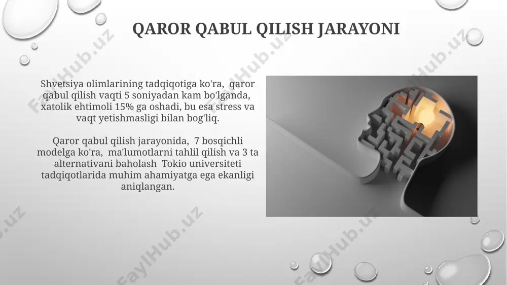 a ushlab turishi mumkin, bu esa muammoni hal qilishda cheklovlarni keltirib chiqaradi, masalan, murakkab matematik masalalarni yechishda. idrok va e’tibor diqqatning 3 ta asosiy turi – tanqidiy, selektiv va taqsimlovchi – inson miyasining 10 milliarddan ortiq neyronlari orqali amalga oshiriladi va bu jarayonlarning samaradorligi individual farqlarga, masalan, yosh va tajribaga bog'liqdir. e’tibor va idrok o’rtasidagi bog’liqlik 20-asr psixologiyasida keng o’rganilgan va 7±2 qoida asosida qisqa muddatli xotira chegaralarini hisobga olgan holda, insonning bir vaqtning o'zida bir nechta ma'lumotlarni qayta ishlash qobiliyati cheklanganligini ko'rsatadi. ijodiy fikrlash ijodkorlik jarayoni, o'rtacha 5 bosqichdan iborat bo'lib, ularning har biri taxminan 2-3 soat davom etadi va muammolarni 100% hal qilishga yo'naltirilgan. ijodkorlikning 70% dan ortig'i, tadqiqotchilarning fikricha, aqshning kaliforniya shtatida joylashgan kompaniyalarda qo'llaniladigan amaliy yondashuvlar orqali shakllanadi. metakognitsiya metakognitsiya darajasi individual farq qiladi va 5-sinf o'quvchilarida yuqori darajadagi metakognitsion ko'nikmalarga ega bo'lganlar, 11-sinf o'quvchilariga qaraganda muammolarni yechishda ancha samaraliroq bo'ladi. metakognitsion strategiyalar, masalan, rejalashtirish, monitoring …