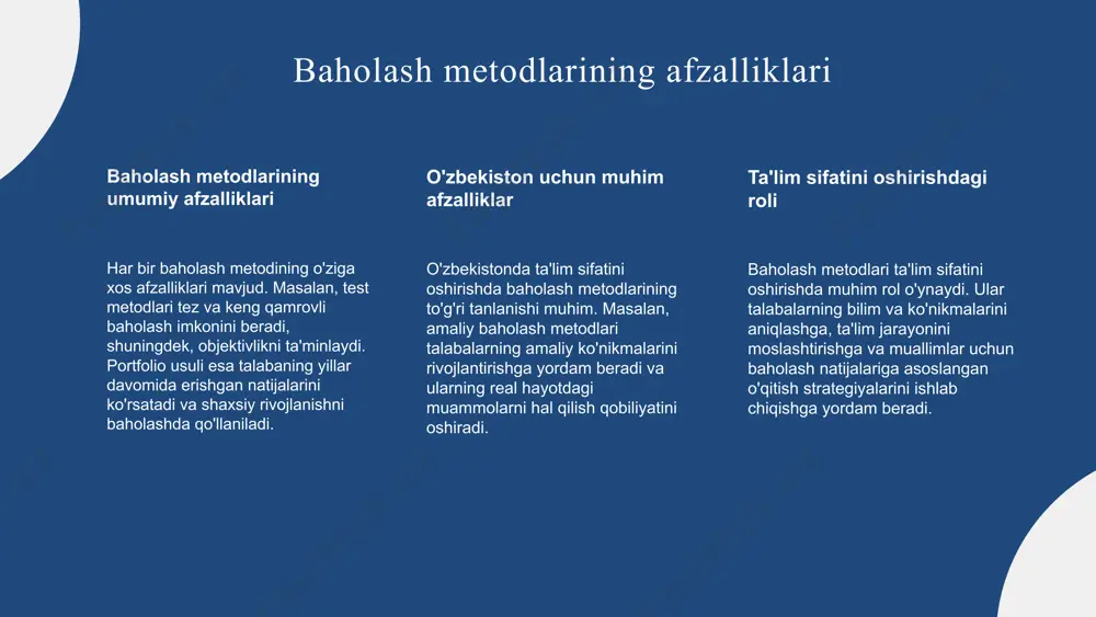 hdir. bu jarayon yordamida o'qituvchilar o'quvchilarning rivojlanish darajasini baholaydilar, kamchiliklarni aniqlab, shaxsiylashtirilgan yordam ko'rsatish imkoniyatiga ega bo'ladilar. shuningdek, baholash natijalari ta'lim jarayonini optimallashtirish va o'quvchilarning muvaffaqiyatlarini oshirish uchun asos bo'lib xizmat qiladi. photo by georgi kalaydzhiev on unsplash baholash jarayonining turlari baholash jarayonining turlari turli xil bo‘lib, asosiylari formativ va summativ baholashdir. formativ baholash jarayon davomida amalga oshiriladi va o‘quvchilarning rivojlanishini kuzatishda yordam beradi. summativ baholash esa o‘quv natijalarini yakuniy baholash uchun qo‘llaniladi. o‘zaro baholash va o‘z-o‘zini baholash esa o‘quvchilar orasida ham, shuningdek, o‘zlarini tahlil qilishda muhim rol o‘ynaydi. photo by yaroslav zotov on unsplash baholash jarayonida foydalaniladigan vositalar baholash jarayonida foydalaniladigan vositalar va metodlar muhim ahamiyatga ega. testlar, anketalar, suhbatlar va kuzatuv usullari keng qo‘llaniladi. har bir vositaning o‘ziga xos afzalliklari va kamchiliklari mavjud: - testlar: objektivlik va tezlik bilan baholash imkonini beradi, ammo faqatgina yozma javoblarni qabul qiladi. - anketalar: keng qamrovli ma'lumot olishda qulay, lekin subyektivlikni oshirishi …