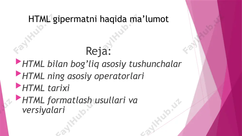 browserda ko’rish mumkin. zammonaviy browserlar nafaqat matn va grafikani, balki musiqani, inson nutqini, internetda radio to’lqinlarni eshitishni, vediokonferensiyalarni ko’rishni, elektron aloqa xizmati bilan ishlashni, telekonferensiyalaar bilan tanishish kabi ko’plab imkoniyatlarni yaratadi. html- hujjatlar uchun eng ko’p qo’llaniladigan browserlarga internet explorer , firefox va operalarni misol qilib olishimiz mumkin. browserda html-hujjatni tahrirlash imkoniyati bo’lmaydi va ms windows notepad kabi dasturiy vosiyalar bilan bu hujjatni tahrirlash mumkin 2.html -tili ning asosiy operatorlari a b basefont bgsound body br dd dl embed font hi h2 hr i img li ol pre script sub sup table p td th title tr u ul 1. izoh. bu belgi orasida yozilgan har qanday matn izoh deb ataladi 2. a ... - hujjatga gipermurojat o’rnatish (atributlari – qo’shimcha yordamchi operatorlari, bular ... orasida ishlatiladi href, name, target, _blank, _top, _parent, _self, title, type, charset, hreflang href atributi gipermurojatga olib boruvchi url ta’riflovchi vazifasini bajaradi. masalan o”zmu . …