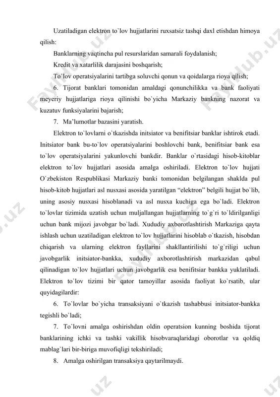an oldin operatsion kunning boshida tijorat banklarining ichki va tashki vakillik hisobvaraqlaridagi oborotlar va qoldiq mablag`lari bir-biriga muvofiqligi tekshiriladi; 8. amalga oshirilgan transaksiya qaytarilmaydi. 9. to`lovlarning eng yuqori summasi cheklanmagan 10. to`lovlarning initsiator-bank tomonidan vakillik hisob varag`idagi mablag` qoldigi chegarasida to`lanadi. undan ortiqcha mablag` sarflash overdraft summasi miqdorida amalga oshirilishi mumkin. elektron to`lovlar ishtirokchilari o`zbekiston respublikasi markaziy bankining axborotlash markazlari va hisob-kitob markazlaridir. elektron to`lovlar tizimidan foydalanuvchilar bo`lib hisob-kitob kassa markazlari va tijorat banklari hisoblanadi. elektron to`lovlar tizimi ishtirokchilari va foydalanuvchilarining huquq va majburiyatlari tijorat banklari, axborotlash markazlari va hisob-kitob markazlari o`rtasida tuzilgan shartnoma bilan tartibga solinib turiladi. har bir bank elektron to`lovlar tizimiga ko`shilishi uchun avvalo respublika markaziy bankida ruyxatga olingan hamda bdmab tomonidan unikal kod berilgan bo`lishi lozim. shu bilan birga ushbu bank elektron to`lovlar tizimiga chiqish imkoniyatini beradigan tegishli dasturiy majmuaga ega bo`lishi lozim. shundan so`ng bank elektron to`lovlar tizimiga ulanguncha axboratlashtirish bosh markazi xodimlari yordamida ma’lumotlarni …