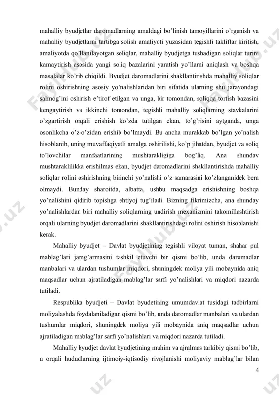 davlat byudetining umumdavlat tusidagi tadbirlarni moliyalashda foydalaniladigan qismi bo’lib, unda daromadlar manbalari va ulardan tushumlar miqdori, shuningdek moliya yili mobaynida aniq maqsadlar uchun ajratiladigan mablag’lar sarfi yo’nalishlari va miqdori nazarda tutiladi. mahalliy byudjet davlat byudjetining muhim va ajralmas tarkibiy qismi bo’lib, u orqali hududlarning ijtimoiy-iqtisodiy rivojlanishi moliyaviy mablag’lar bilan ta’minlab boriladi. mahalliy byudjetlarning mavqeyini yanada oshirish byudjet siyosati samaradorligini oshirishga xizmat qiladi. davlat byudjeti daromadlarining katta qismini joylarga berish, byudjetlarni mustahkamlash zarur. bu esa mintaqalar mustaqilligini oshirish, ularning tashabbuskorligini, byudjetning ijrosidagi manfaatdorligi va bu boradagi ma’suliyatini oshirish imkonini beradi. bundan tashqari bu narsa mahalliy byudjetlarga tushumlarning yangi manbalarini qidirib topishga rag’batlantiradi, joylarda byudjet intizomini mustahkamlaydi. mahalliy byudjet daromadlari quyidagilardan tashkil topadi: 1. qonun hujjatlarida belgilangan normativlarga muvofiq mahalliy byudjetlarga yo’naltiriladigan mahalliy soliqlar, yig’imlar, bojlar va boshqa majburiy to’lovlar; 2. qonun hujjatlarida belgilangan normativlarga muvofiq mahalliy byudjetlarga o’tkaziladigan umumdavlat soliqlari, yig’imlari, bojlari va boshqa majburiy to’lovlar; 3. qonun hujjatlarida belgilangan normativlarga …